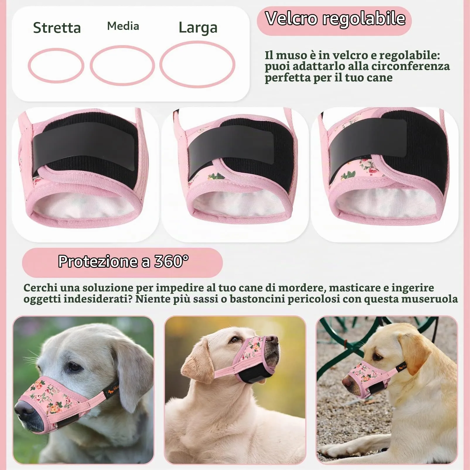 HEELE Museruola per Cane, Museruola Cane Taglia Media e Grande, in Morbido Nylon con Motivo Stampato, Antiabbaio e Antimorso, Regolabile, Fiore Rosa, L - immagine 5
