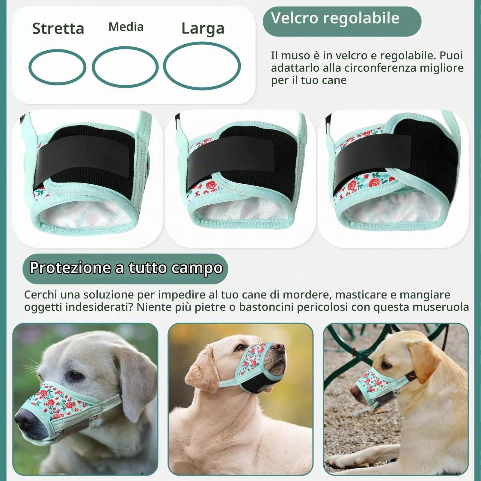 HEELE Museruola per Cane, Museruola Cane Piccola Taglia, in Morbido Nylon con Motivo Stampato, Antiabbaio e Antimorso, Regolabile, Fiore Ciano, S - immagine 5