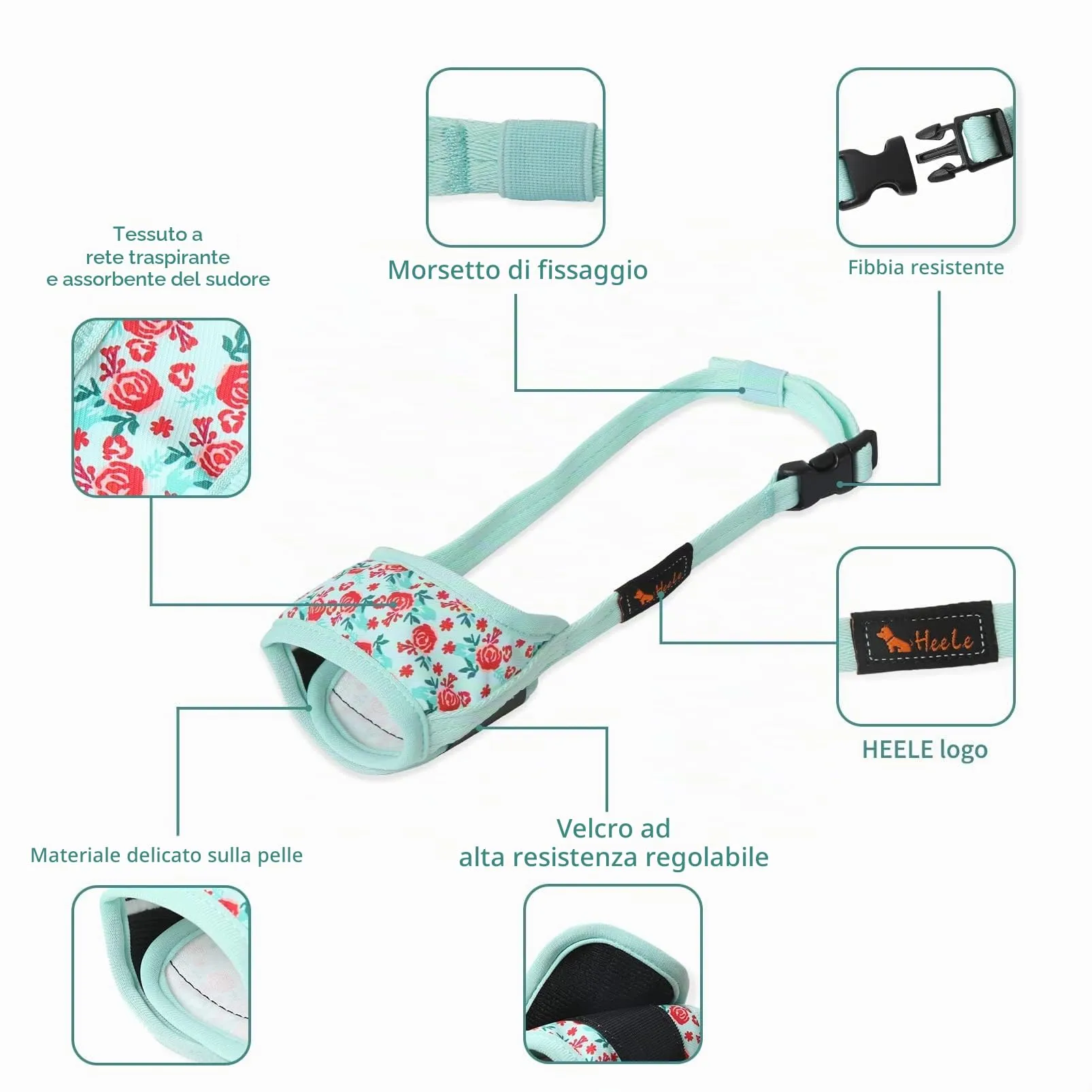 HEELE Museruola per Cane, Museruola Cane Piccola Taglia, in Morbido Nylon con Motivo Stampato, Antiabbaio e Antimorso, Regolabile, Fiore Ciano, XS - immagine 2