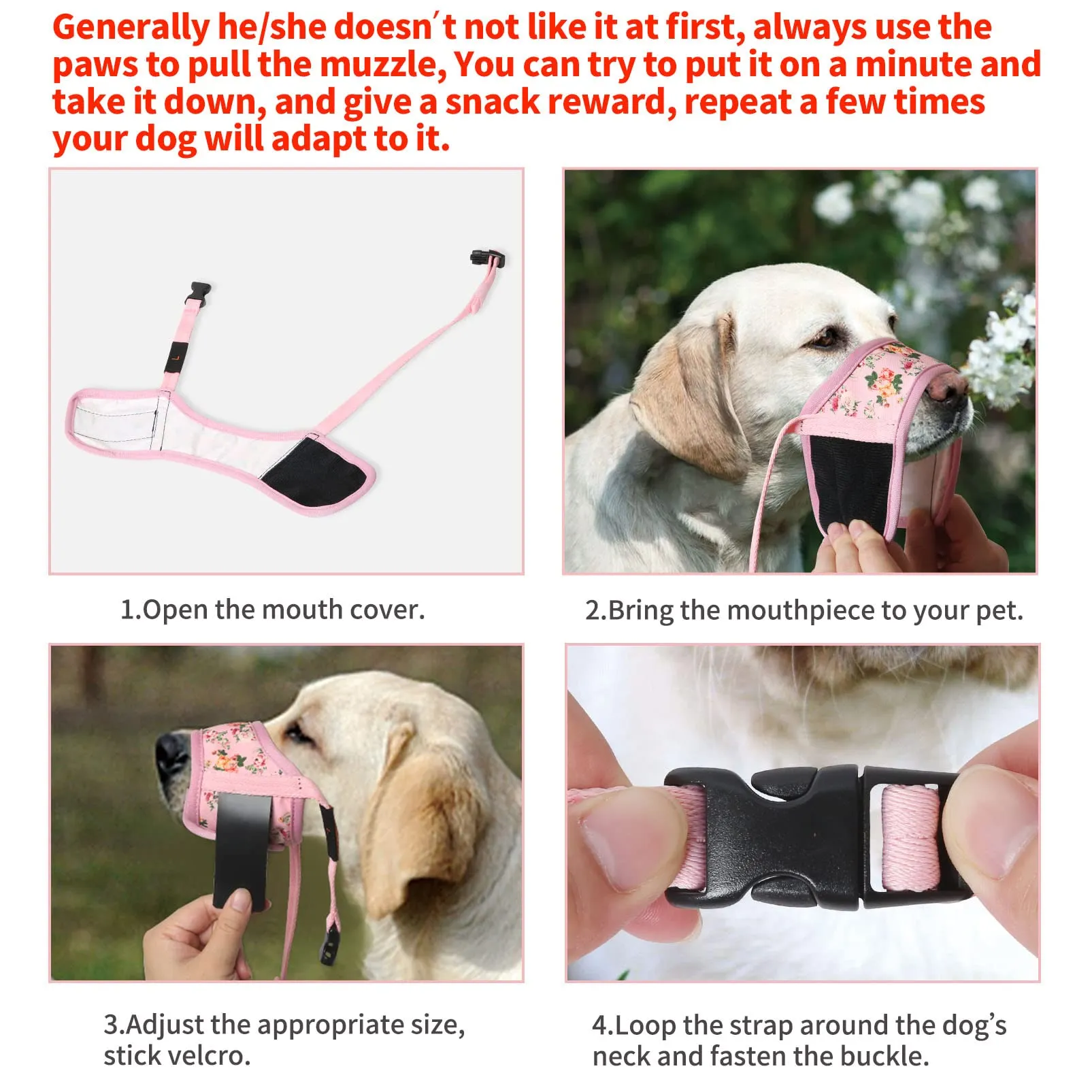 HEELE Museruola per Cane, Museruola Cane Piccola Taglia, in Morbido Nylon con Motivo Stampato, Antiabbaio e Antimorso, Regolabile, Fiore Rosa, XS - immagine 7