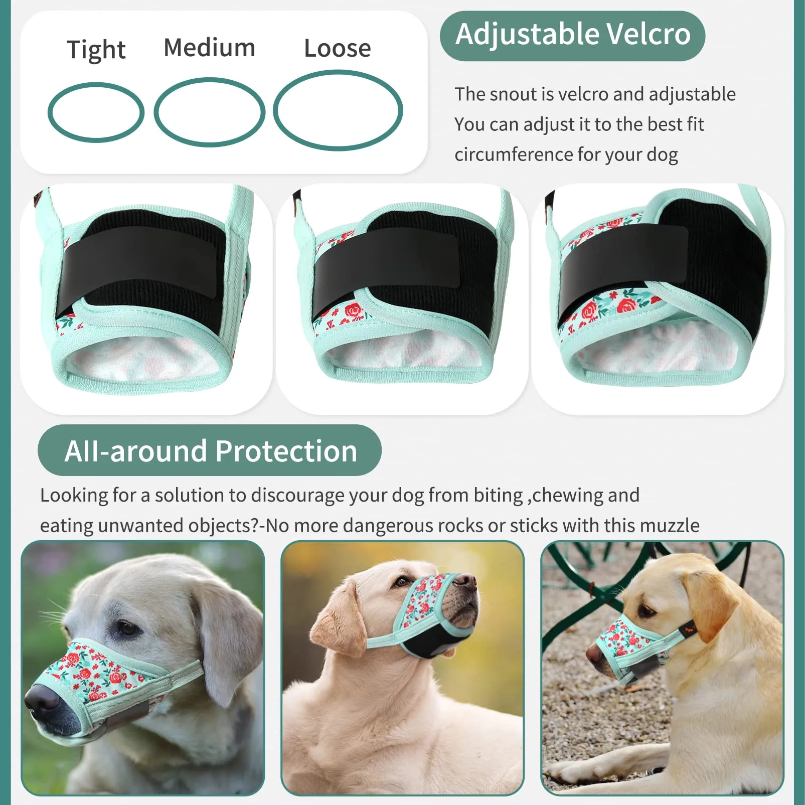HEELE Museruola per Cane, Museruola Cane Taglia Media, in Morbido Nylon con Motivo Stampato, Antiabbaio e Antimorso, Regolabile, Fiore Ciano, M - immagine 4