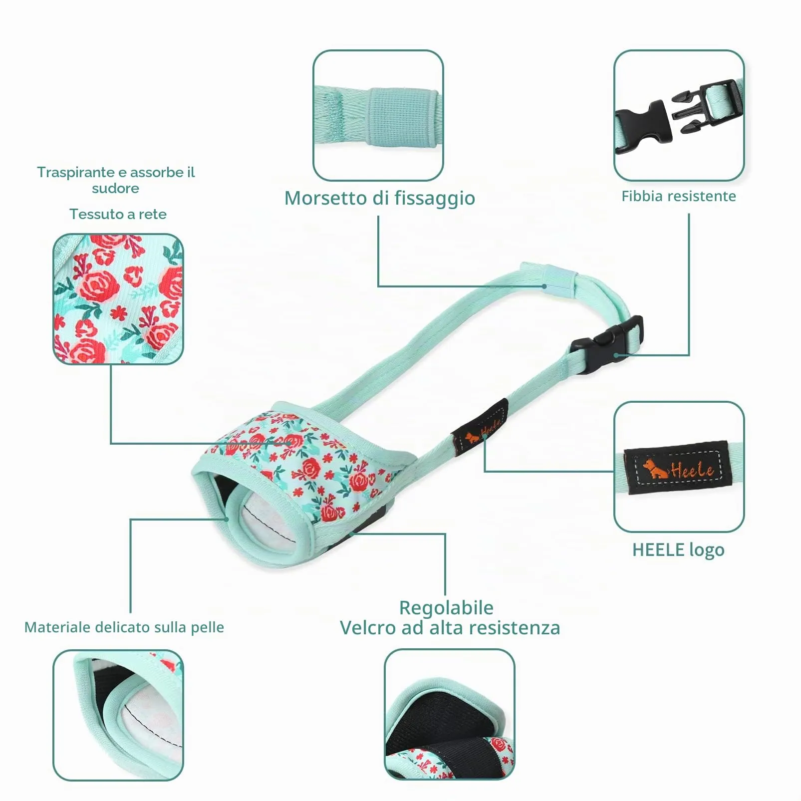 HEELE Museruola per Cane, Museruola Cane Taglia Media e Grande, in Morbido Nylon con Motivo Stampato, Antiabbaio e Antimorso, Regolabile, Fiore Ciano, L - immagine 2