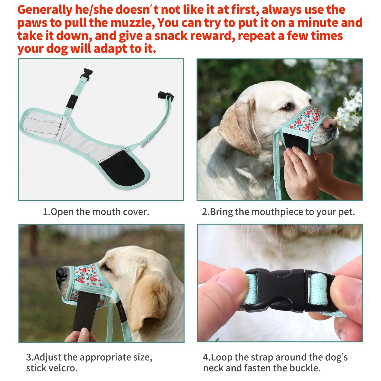 HEELE Museruola per Cane, Museruola Cane Taglia Media e Grande, in Morbido Nylon con Motivo Stampato, Antiabbaio e Antimorso, Regolabile, Fiore Ciano, L - immagine 5