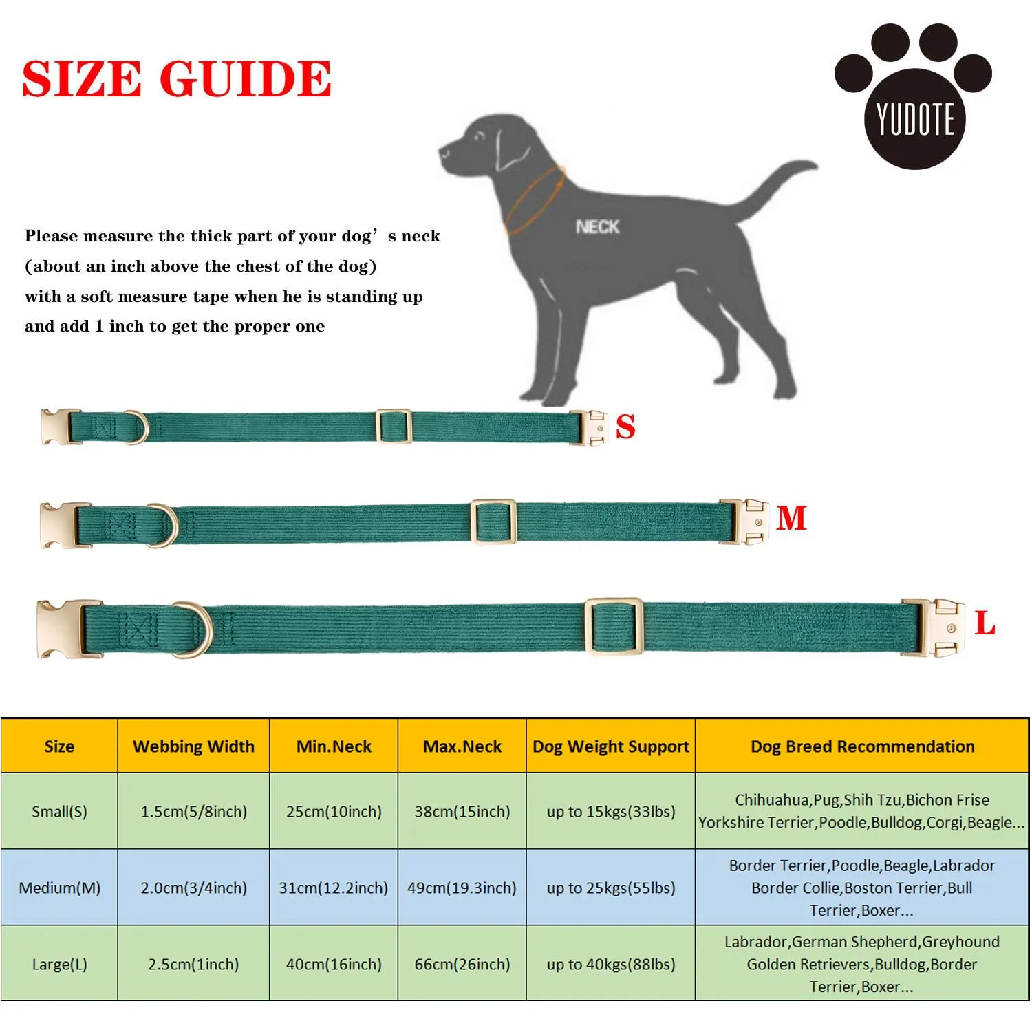 YUDOTE Collare per cani ultra morbido in velluto a coste di cotone naturale realizzato per cani di taglia grande con pelle sensibile, verde bottiglia - immagine 2