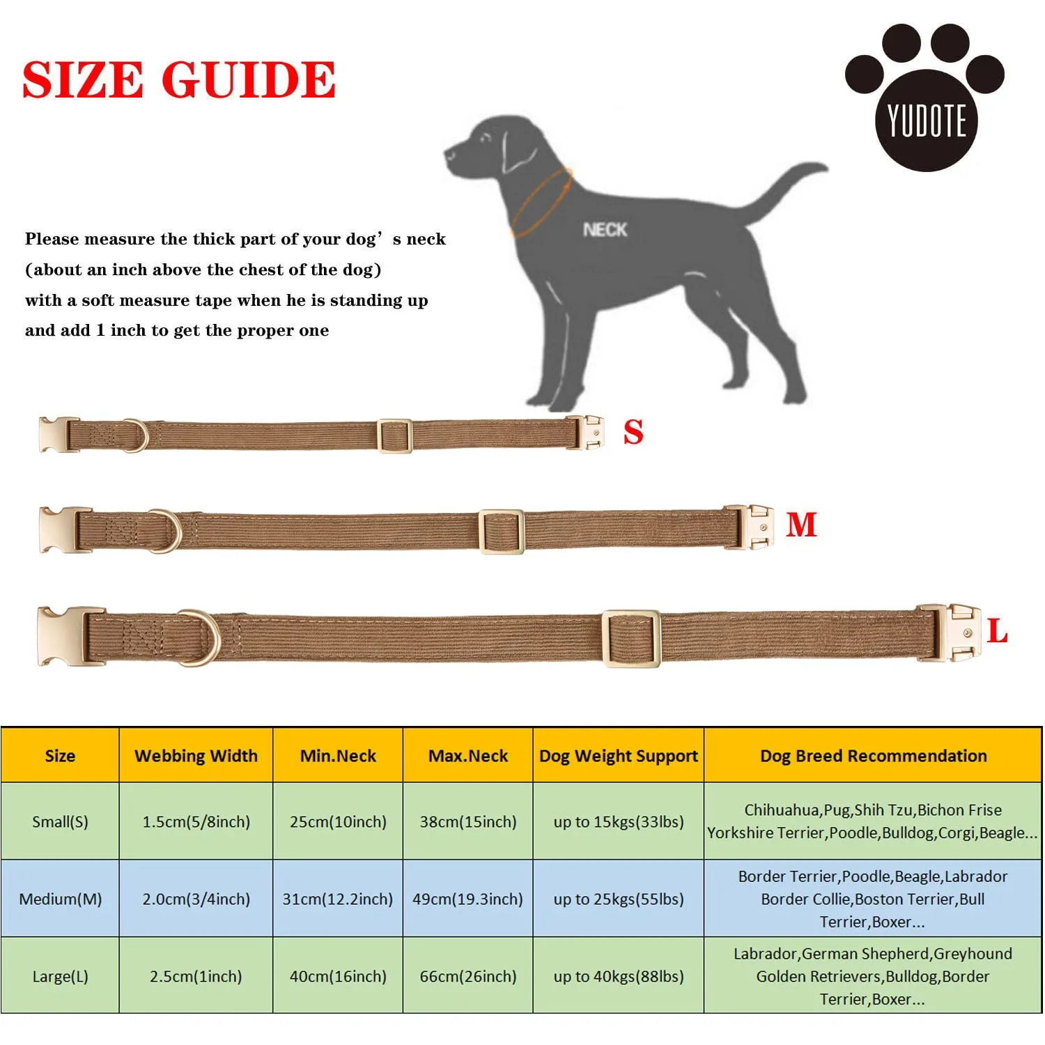YUDOTE Collare per cani ultra morbido in velluto a coste di cotone naturale realizzato per cani di taglia media con pelle sensibile, marrone caffè - immagine 2