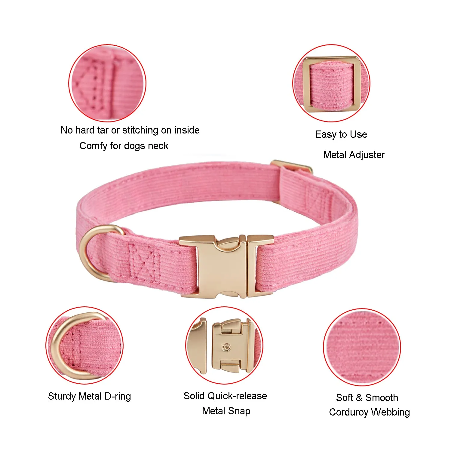 YUDOTE Collare per cani ultra morbido in velluto a coste di cotone naturale realizzato per cani di piccola taglia con pelle sensibile, rosa - immagine 3