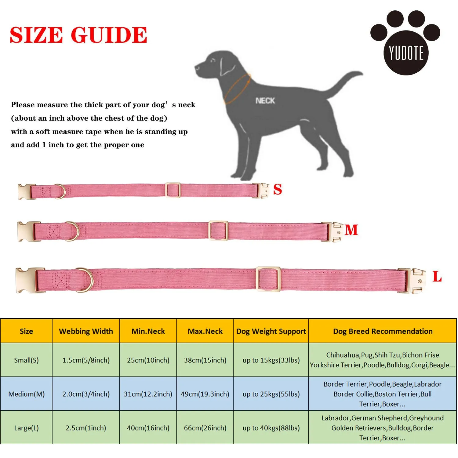 YUDOTE Collare per cani ultra morbido in velluto a coste di cotone naturale realizzato per cani di taglia grande con pelle sensibile, rosa - immagine 2