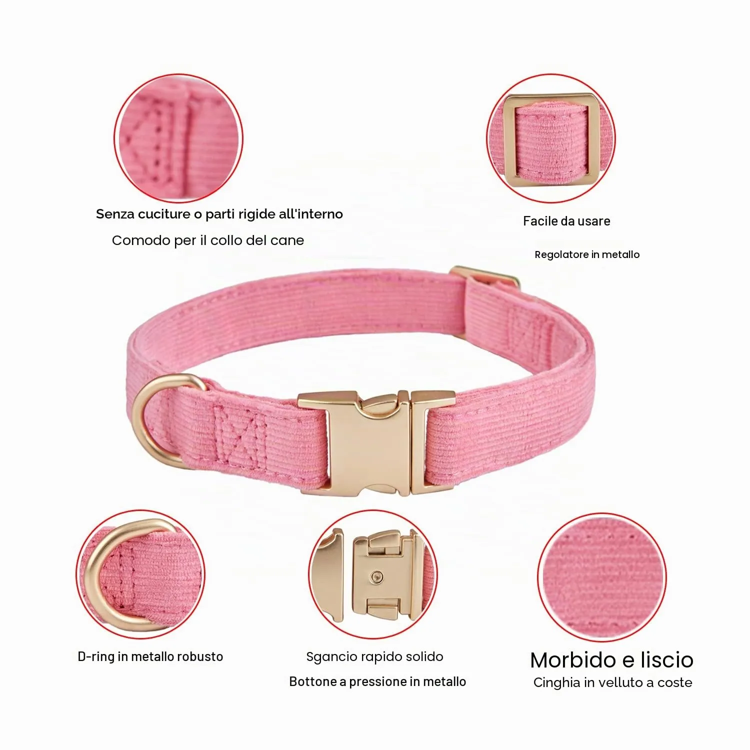YUDOTE Collare per cani ultra morbido in velluto a coste di cotone naturale realizzato per cani di taglia grande con pelle sensibile, rosa - immagine 3