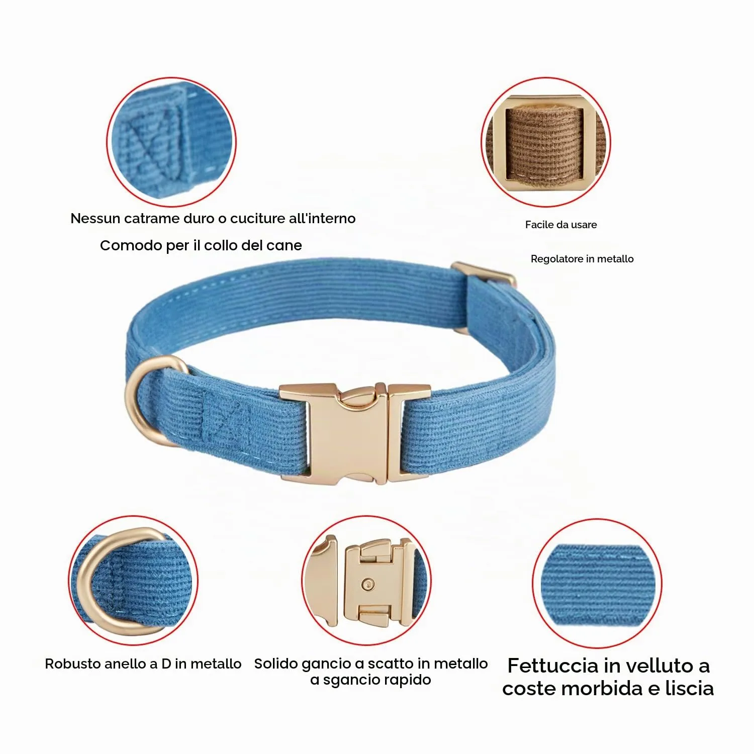 YUDOTE Collare per cani ultra morbido in velluto a coste di cotone naturale realizzato per cani di piccola taglia con pelle sensibile, blu-grigio - immagine 3