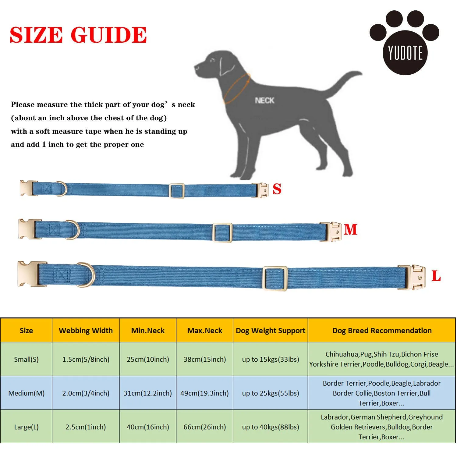 YUDOTE Collare per cani ultra morbido in velluto a coste di cotone naturale realizzato per cani di taglia media con pelle sensibile, blu-grigio - immagine 2