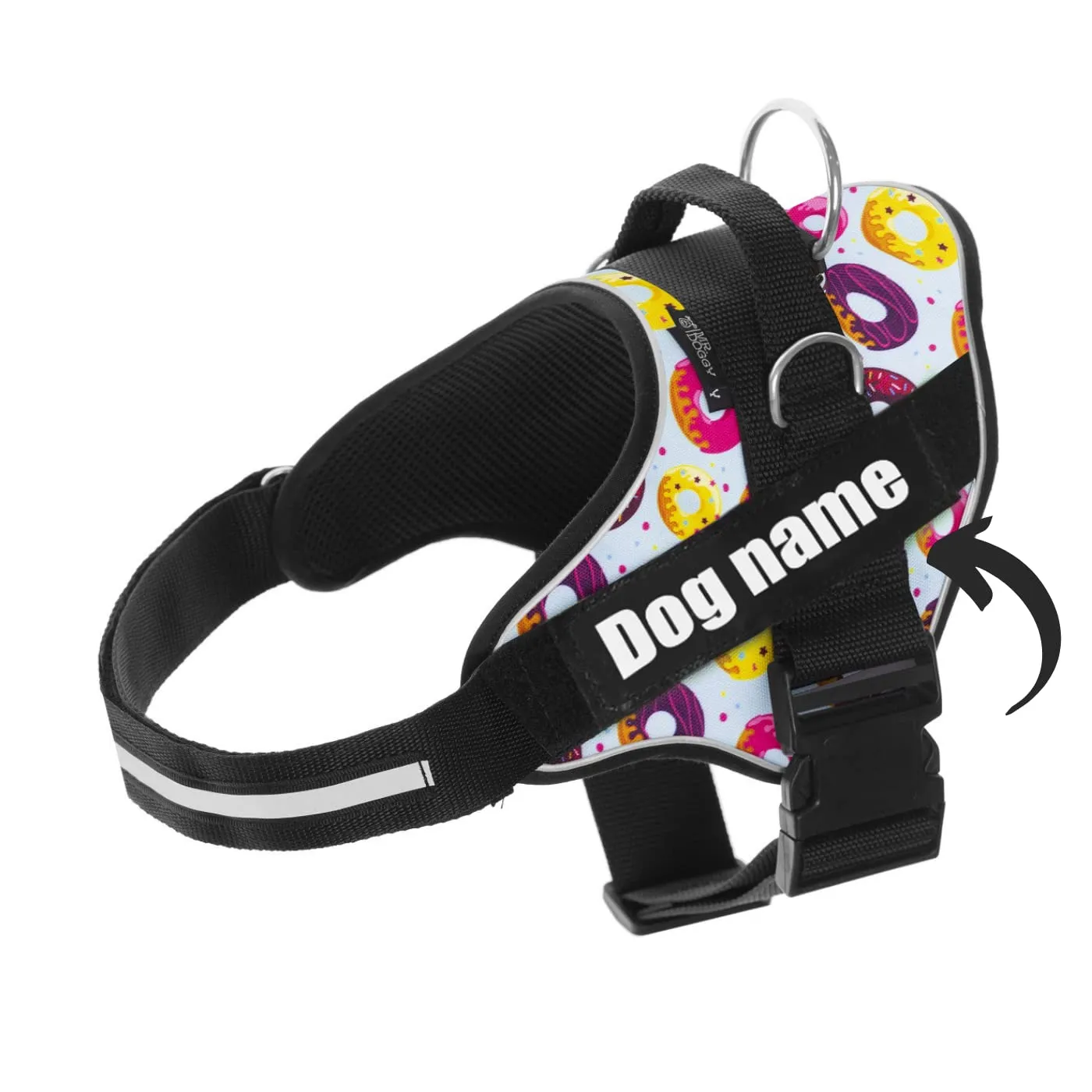 SUPER DOGGY Pettorina Cane Personalizzata con Nome – Antitrazione, Riflettente e Regolabile – Include 2 Targhette Velcro - Taglia Piccola, Media e Grande (M 13-22KG, Donuts) - immagine 1