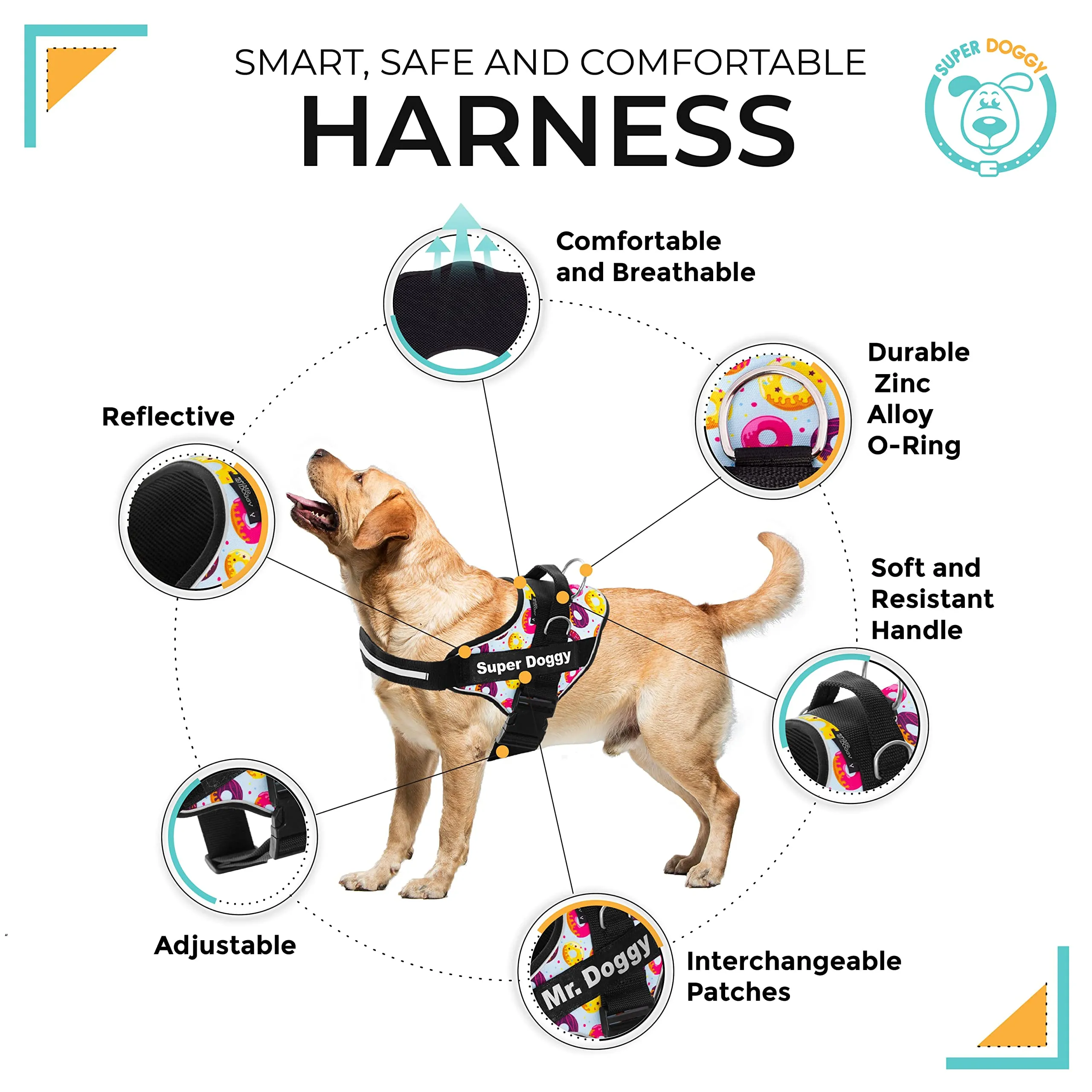 SUPER DOGGY Pettorina Cane Personalizzata con Nome – Antitrazione, Riflettente e Regolabile – Include 2 Targhette Velcro - Taglia Piccola, Media e Grande (M 13-22KG, Donuts) - immagine 2