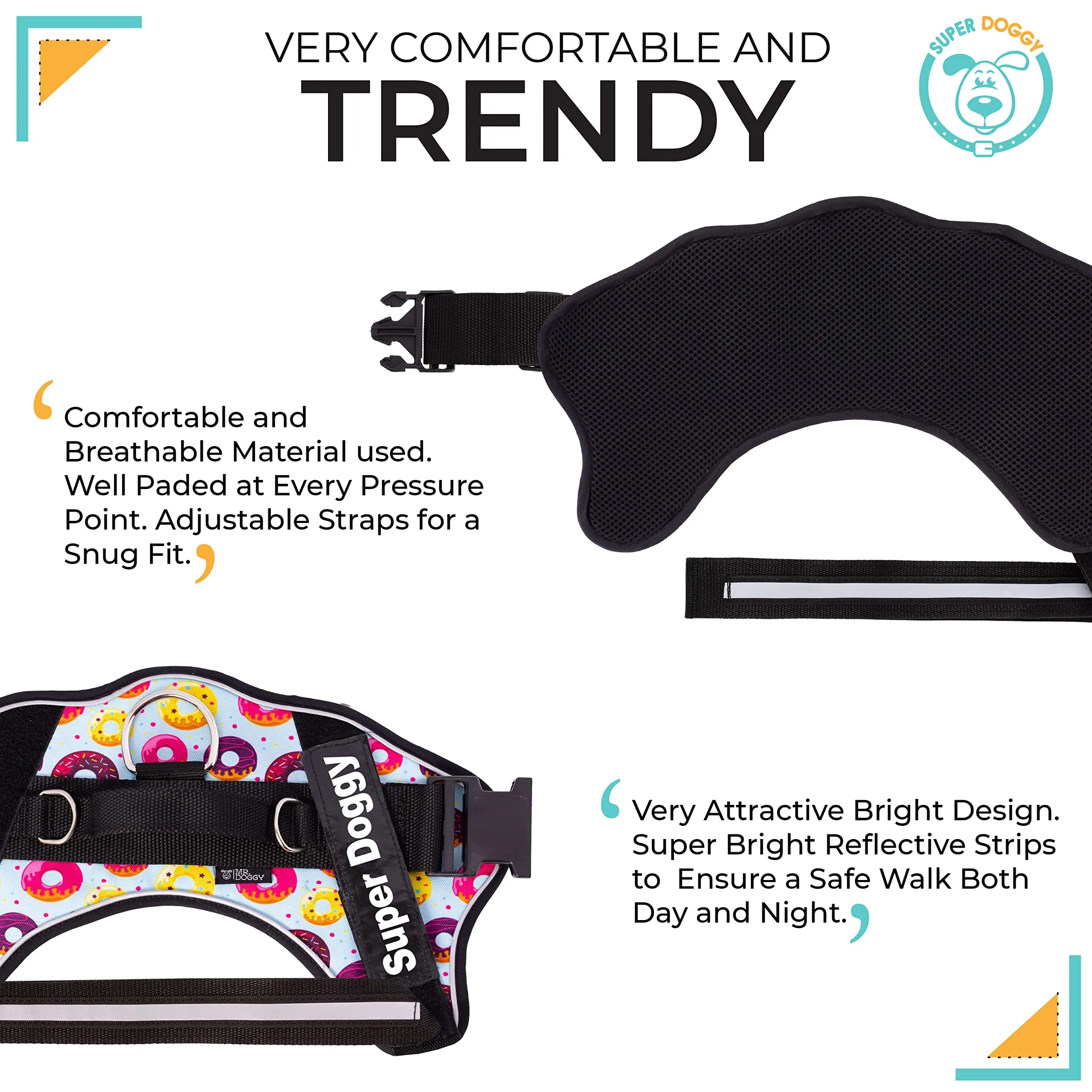 SUPER DOGGY Pettorina Cane Personalizzata con Nome – Antitrazione, Riflettente e Regolabile – Include 2 Targhette Velcro - Taglia Piccola, Media e Grande (M 13-22KG, Donuts) - immagine 7