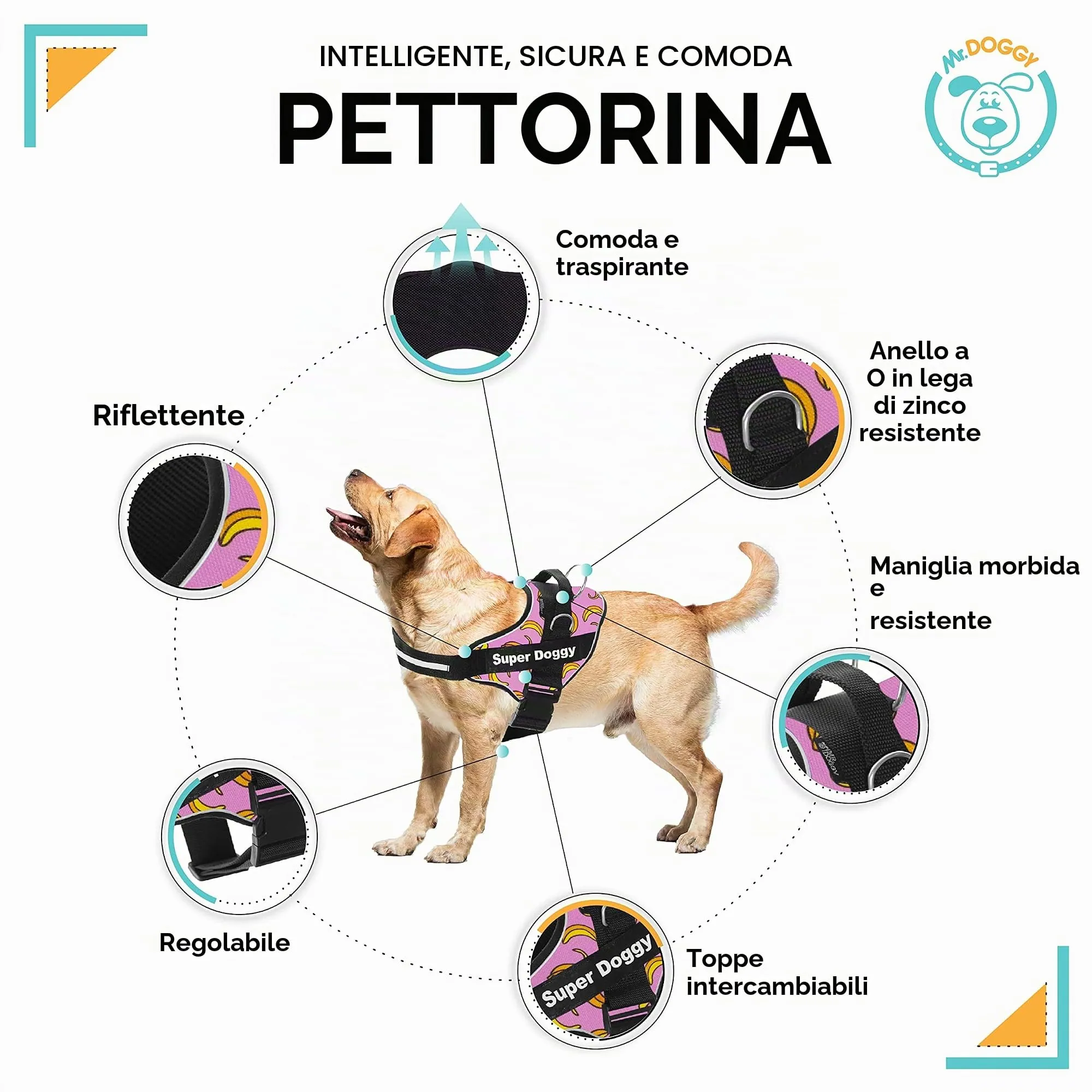 SUPER DOGGY Pettorina Cane Personalizzata con Nome – Antitrazione, Riflettente e Regolabile – Include 2 Targhette Velcro - Taglia Piccola, Media e Grande (Pink Banana, XXS 1,5-3,5KG) - immagine 2