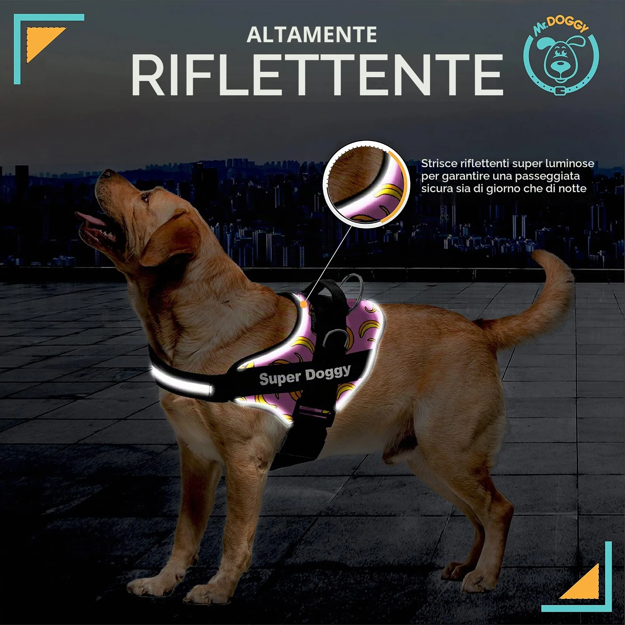 SUPER DOGGY Pettorina Cane Personalizzata con Nome – Antitrazione, Riflettente e Regolabile – Include 2 Targhette Velcro - Taglia Piccola, Media e Grande (Pink Banana, XXS 1,5-3,5KG) - immagine 4