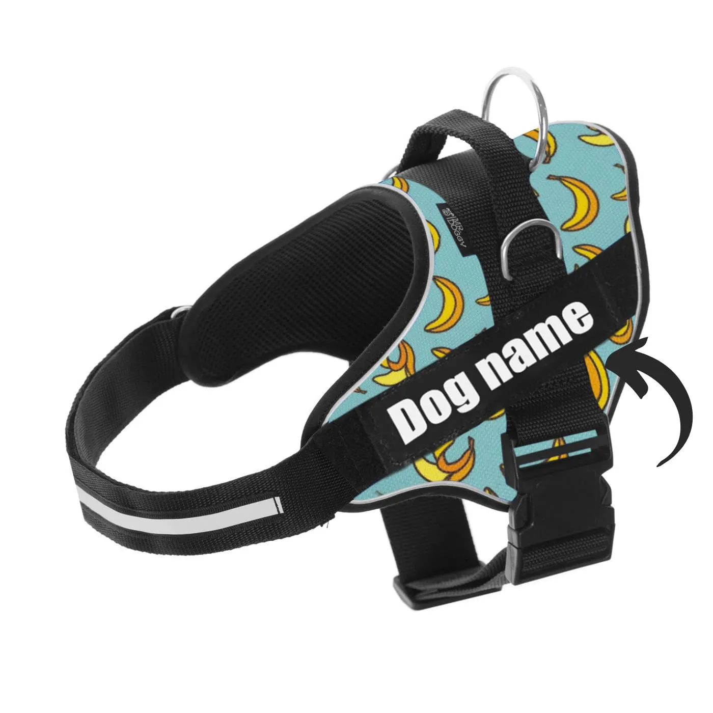 SUPER DOGGY Pettorina Cane Personalizzata con Nome – Antitrazione, Riflettente e Regolabile – Include 2 Targhette Velcro - Taglia Piccola, Media e Grande (XL 30-45KG, Blue Banana) - immagine 1