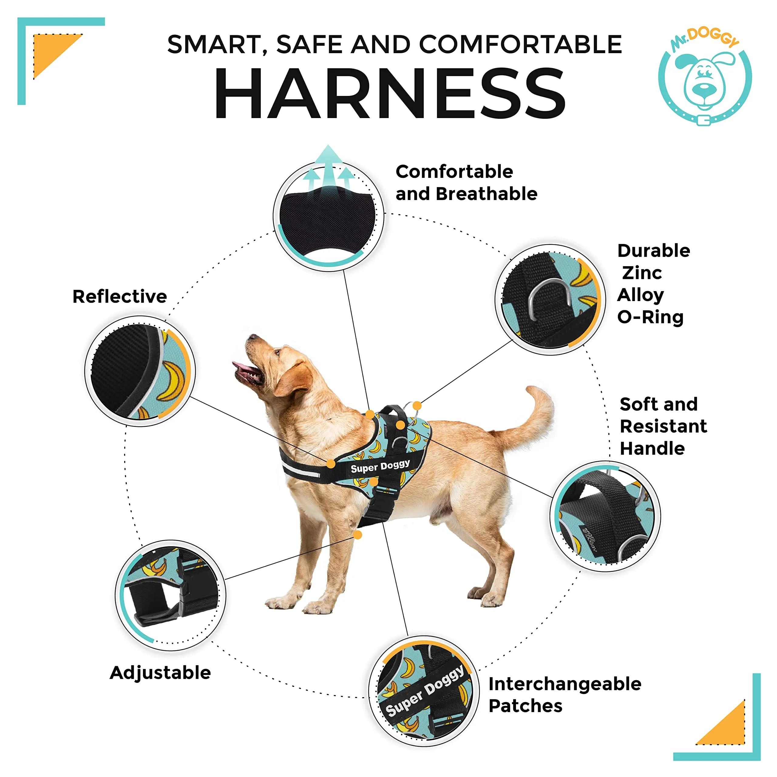 SUPER DOGGY Pettorina Cane Personalizzata con Nome – Antitrazione, Riflettente e Regolabile – Include 2 Targhette Velcro - Taglia Piccola, Media e Grande (XL 30-45KG, Blue Banana) - immagine 2