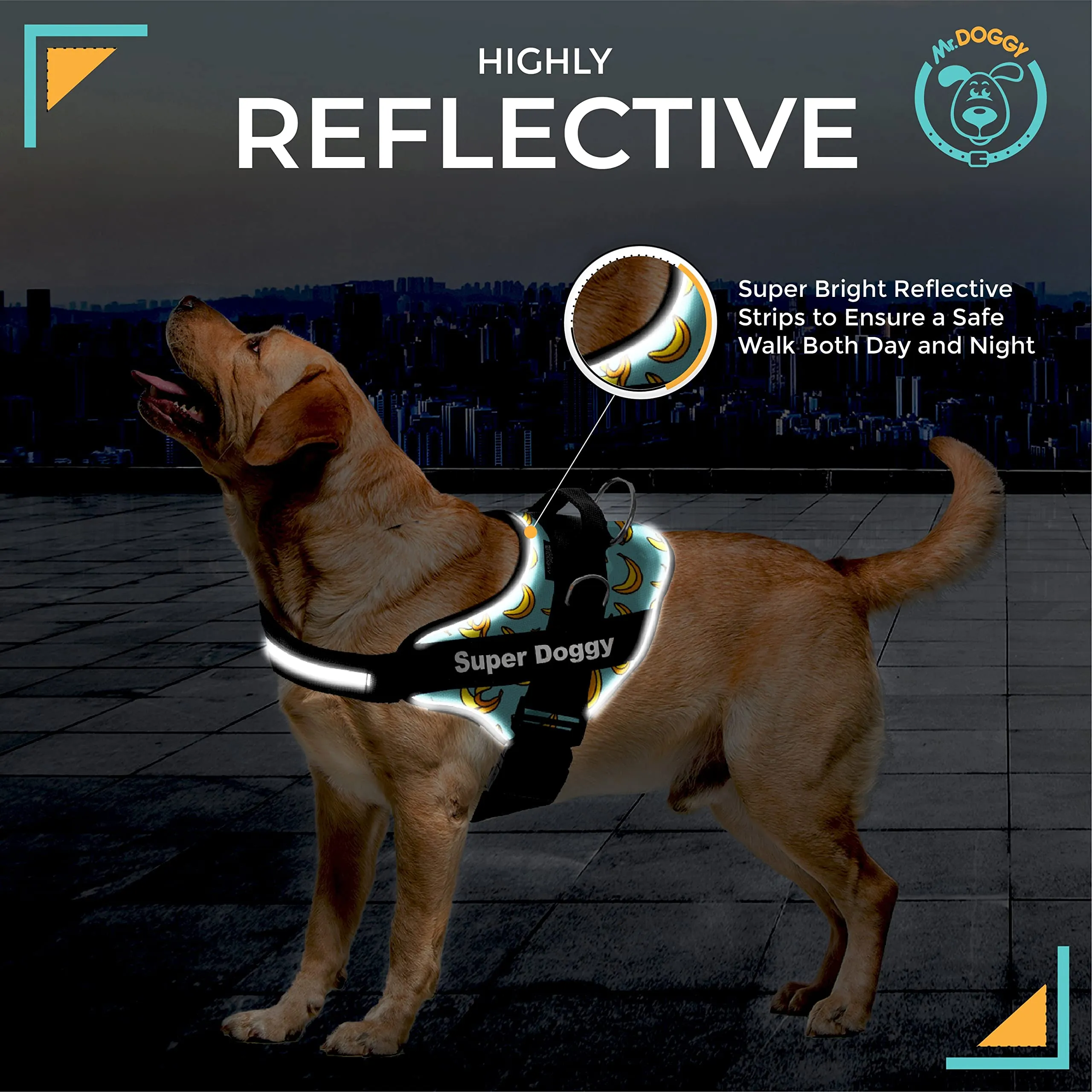 SUPER DOGGY Pettorina Cane Personalizzata con Nome – Antitrazione, Riflettente e Regolabile – Include 2 Targhette Velcro - Taglia Piccola, Media e Grande (XL 30-45KG, Blue Banana) - immagine 4