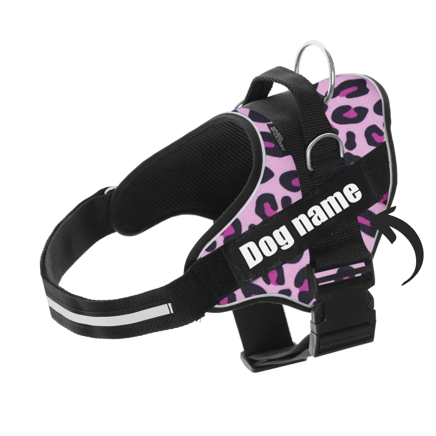 SUPER DOGGY Pettorina Cane Personalizzata con Nome – Antitrazione, Riflettente e Regolabile – Include 2 Targhette Velcro - Taglia Piccola, Media e Grande (XL 30-45KG, Pink Leopard) - immagine 1