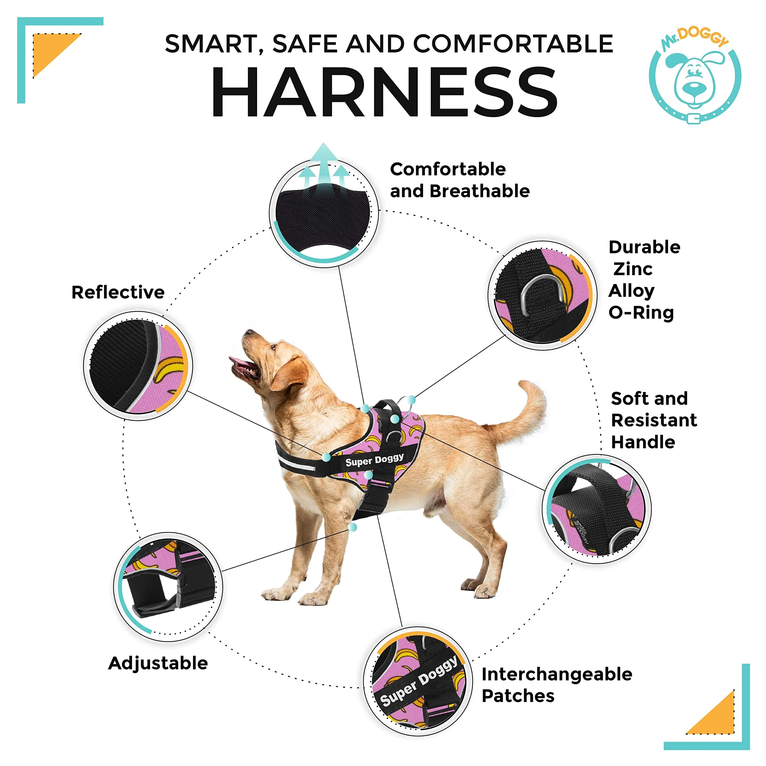 SUPER DOGGY Pettorina Cane Personalizzata con Nome – Antitrazione, Riflettente e Regolabile – Include 2 Targhette Velcro - Taglia Piccola, Media e Grande (XXL 40-75KG, Pink Banana) - immagine 2