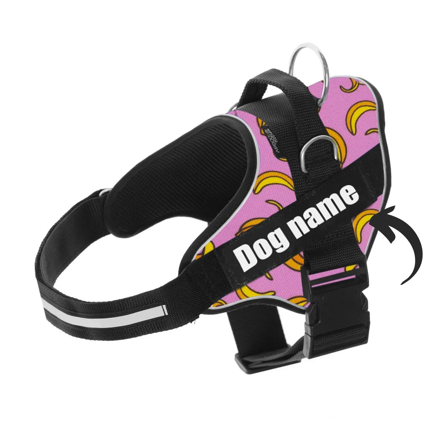 SUPER DOGGY Pettorina Cane Personalizzata con Nome – Antitrazione, Riflettente e Regolabile – Include 2 Targhette Velcro - Taglia Piccola, Media e Grande (M 13-22KG, Pink Banana) - immagine 1