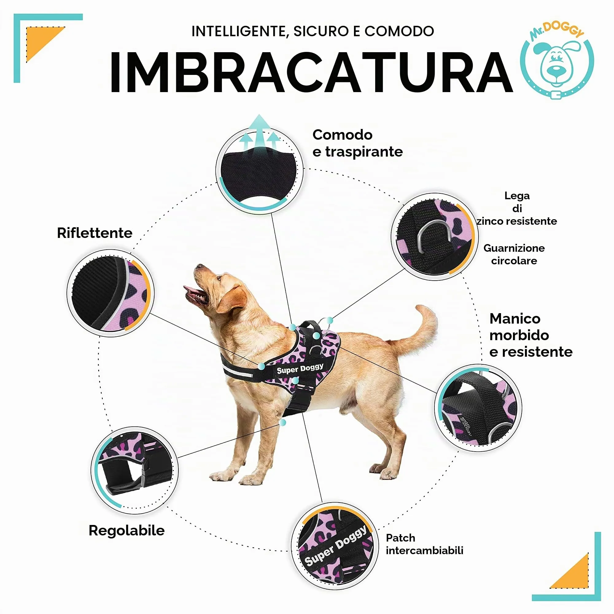 SUPER DOGGY Pettorina Cane Personalizzata con Nome – Antitrazione, Riflettente e Regolabile – Include 2 Targhette Velcro - Taglia Piccola, Media e Grande (M 13-22KG, Pink Leopard) - immagine 2