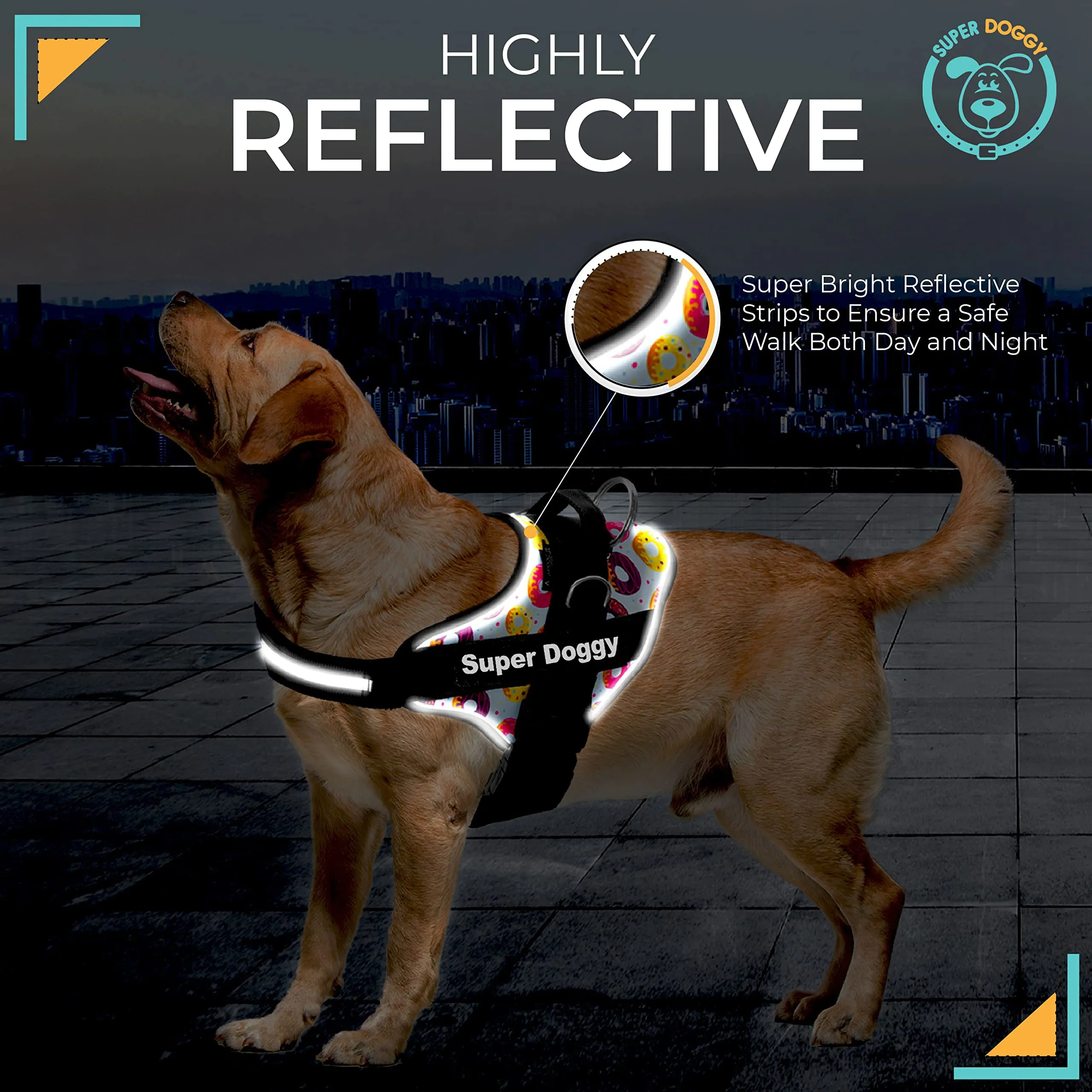 SUPER DOGGY Pettorina Cane Personalizzata con Nome – Antitrazione, Riflettente e Regolabile – Include 2 Targhette Velcro - Taglia Piccola, Media e Grande (XL 30-45KG, Donuts) - immagine 4