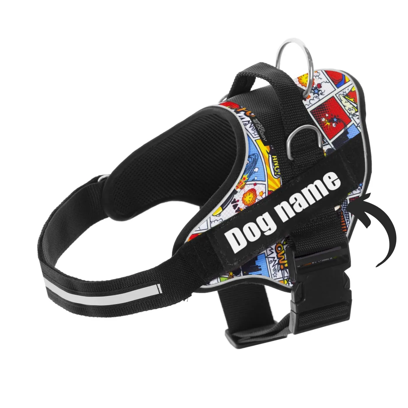 SUPER DOGGY Pettorina Cane Personalizzata con Nome – Antitrazione, Riflettente e Regolabile – Include 2 Targhette Velcro - Taglia Piccola, Media e Grande (XS 3-7KG, Cómic) - immagine 1