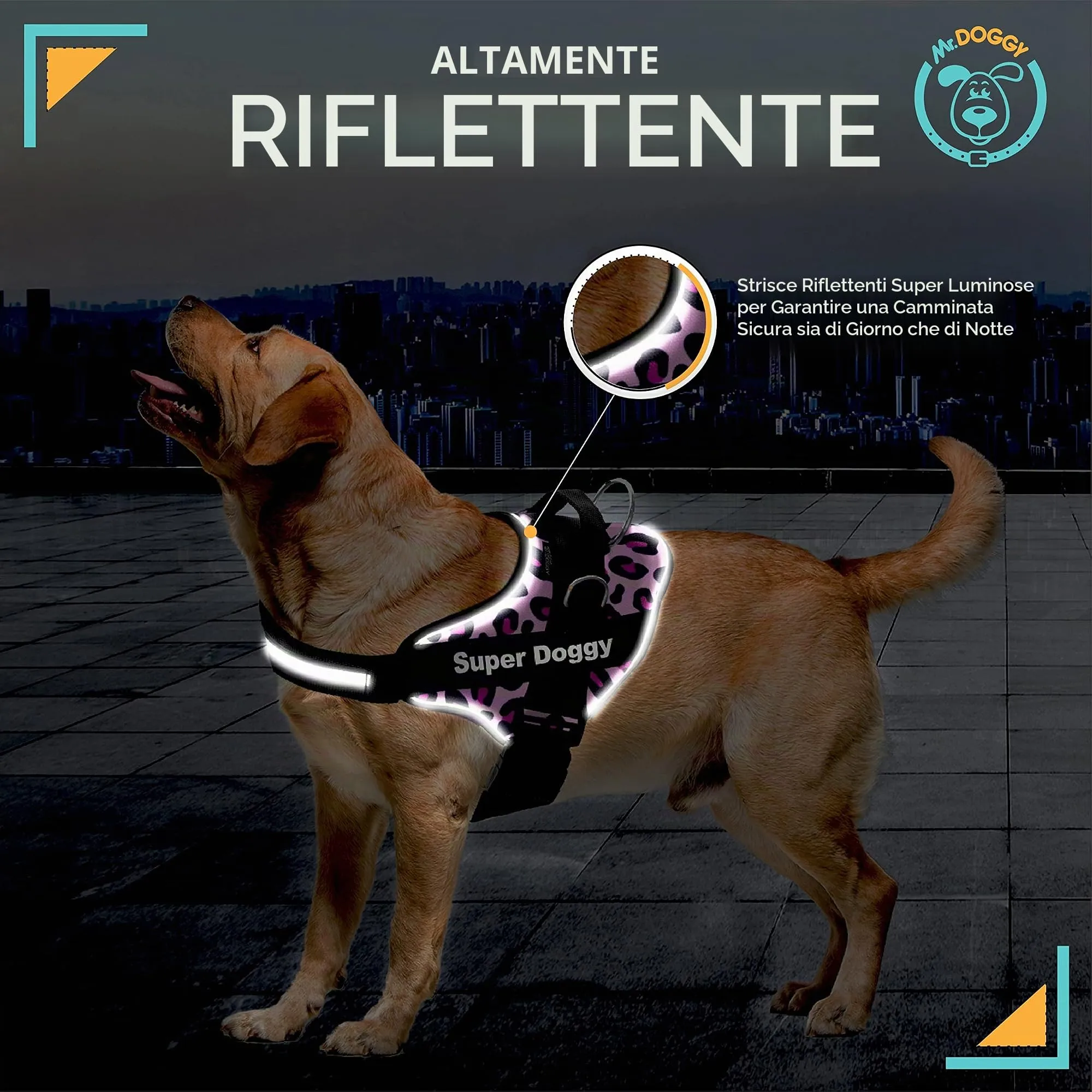 SUPER DOGGY Pettorina per Cani Personalizzata - Pettorine per Cane Riflettente e Sicura - Include 2 Targhette con Nome - Taglia Piccola, Media e Grande - Antitrazione (S 6-14KG, Pink Leopard) - immagine 4
