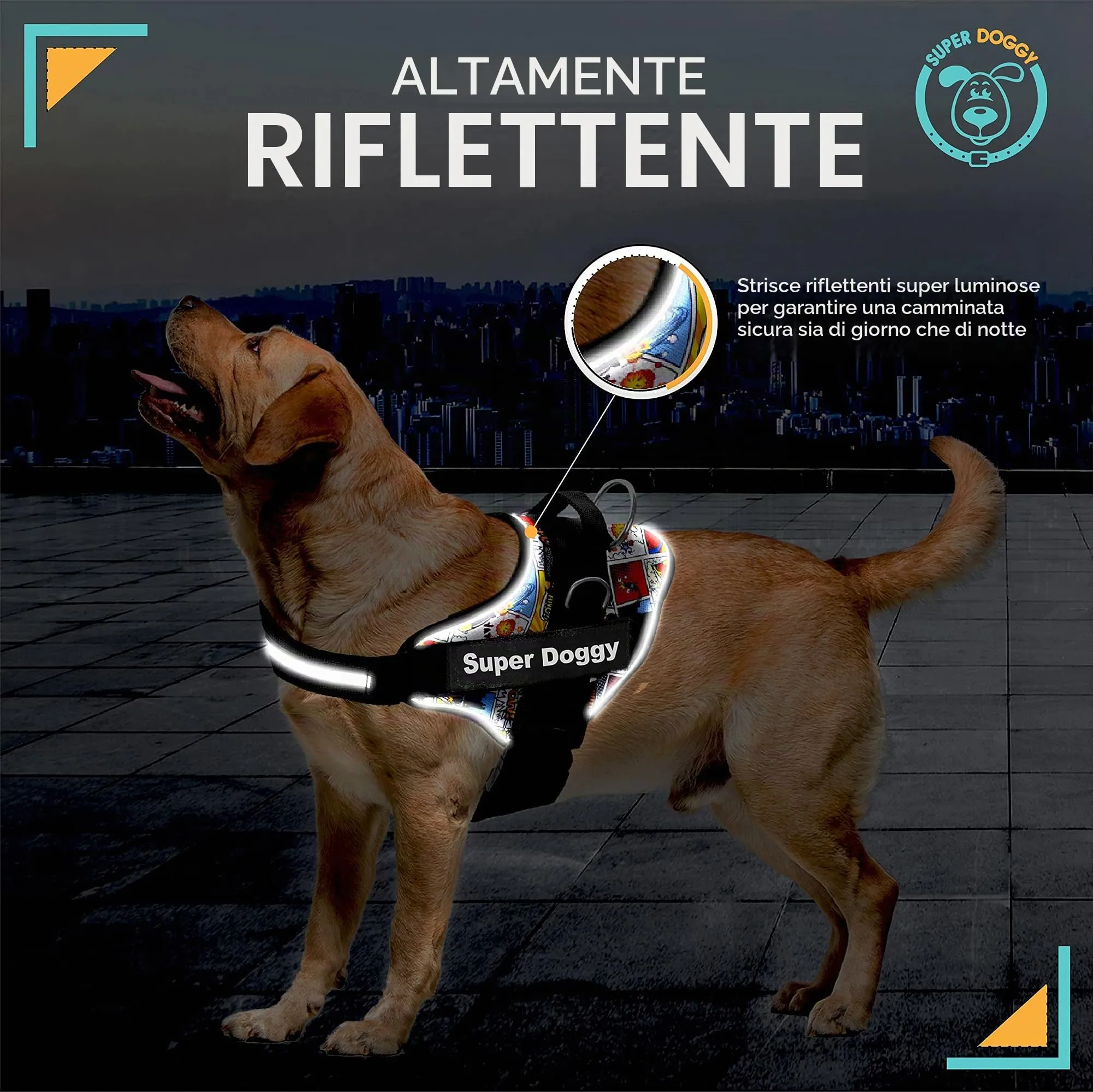 SUPER DOGGY Pettorina Cane Personalizzata con Nome – Antitrazione, Riflettente e Regolabile – Include 2 Targhette Velcro - Taglia Piccola, Media e Grande (S 6-14KG, Cómic) - immagine 4