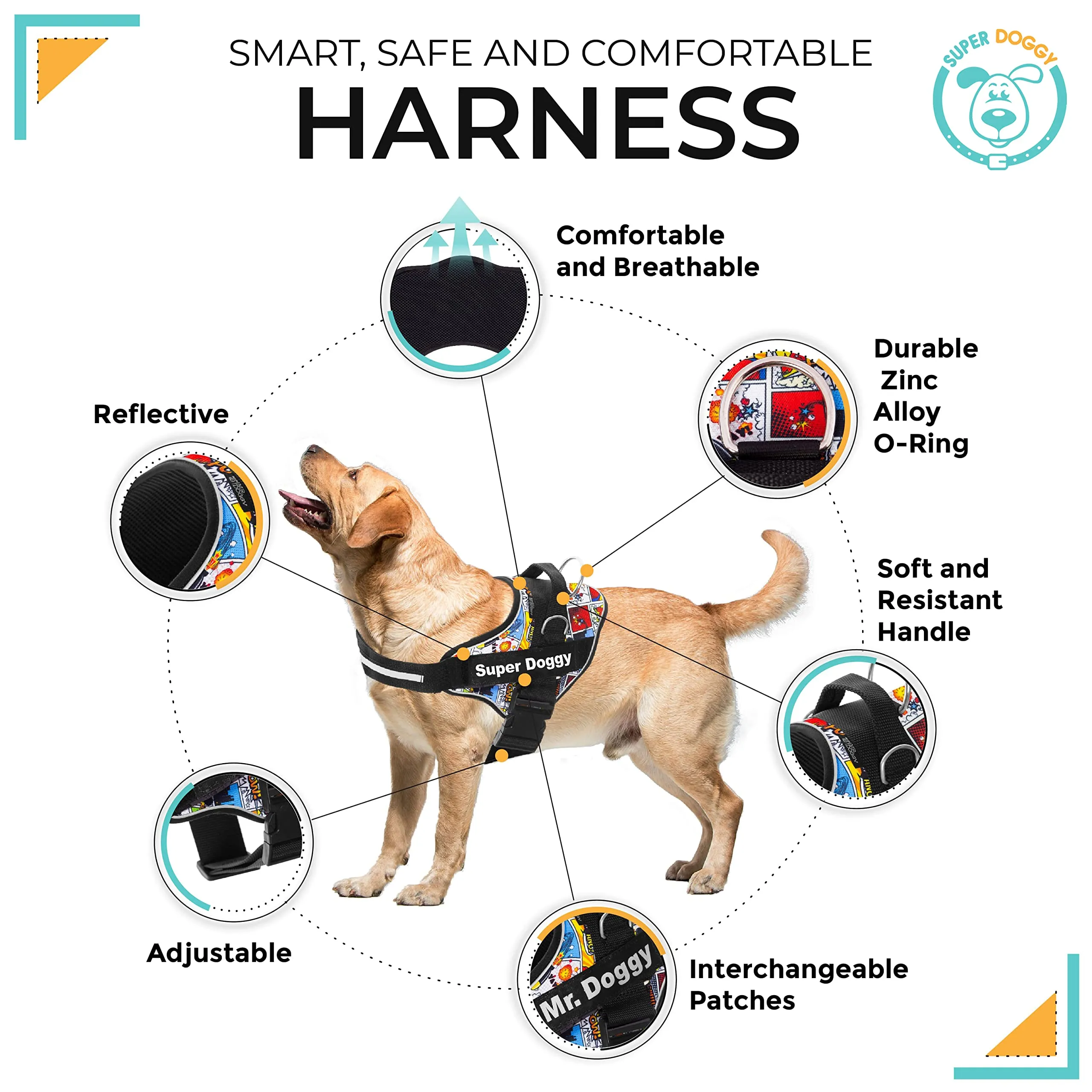SUPER DOGGY Pettorina Cane Personalizzata con Nome – Antitrazione, Riflettente e Regolabile – Include 2 Targhette Velcro - Taglia Piccola, Media e Grande (XXL 40-75KG, Cómic) - immagine 2