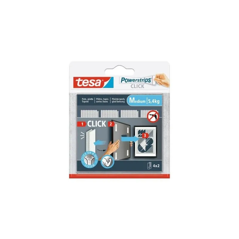 Almohadilla de fijación Tesa Powerstrips CLICK M Blanco Interior 5,4 kg 20x80 mm 8 unidades - immagine 1