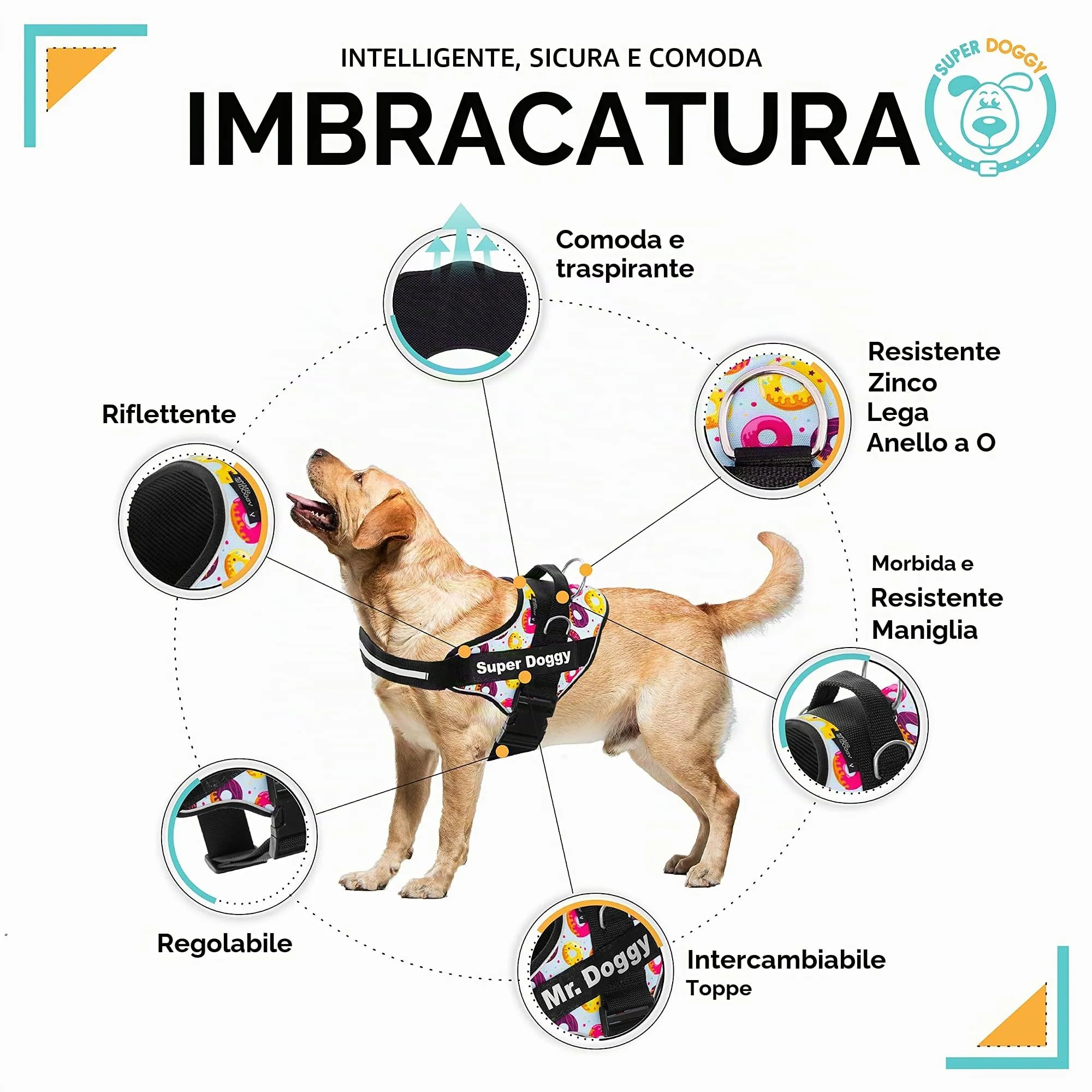 SUPER DOGGY Pettorina Cane Personalizzata con Nome – Antitrazione, Riflettente e Regolabile – Include 2 Targhette Velcro - Taglia Piccola, Media e Grande (XXS 1,5-3,5KG, Donuts) - immagine 2