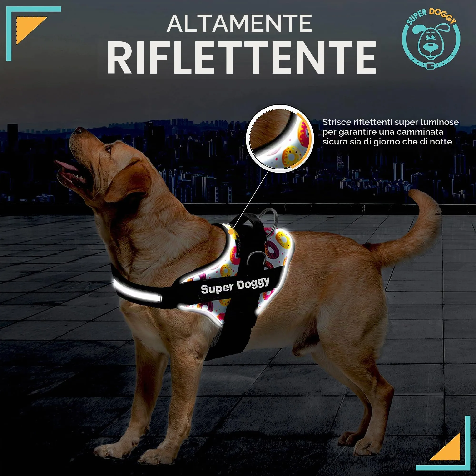 SUPER DOGGY Pettorina Cane Personalizzata con Nome – Antitrazione, Riflettente e Regolabile – Include 2 Targhette Velcro - Taglia Piccola, Media e Grande (XXS 1,5-3,5KG, Donuts) - immagine 4