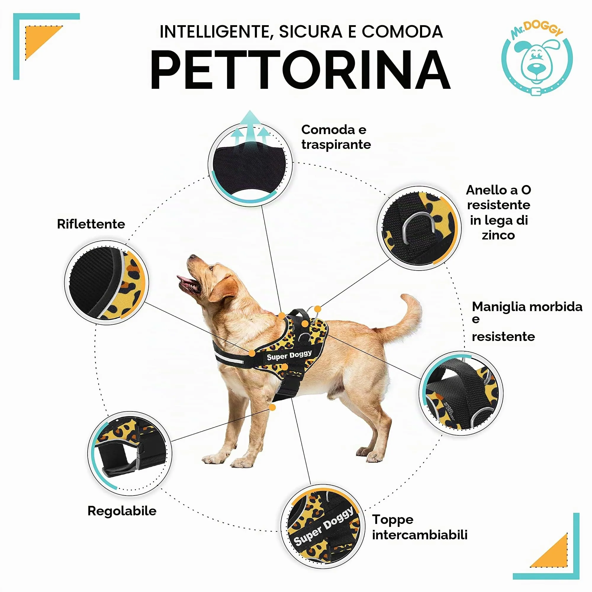 SUPER DOGGY Pettorina Cane Personalizzata con Nome – Antitrazione, Riflettente e Regolabile – Include 2 Targhette Velcro - Taglia Piccola, Media e Grande (XS 3-7KG, Leopard) - immagine 2