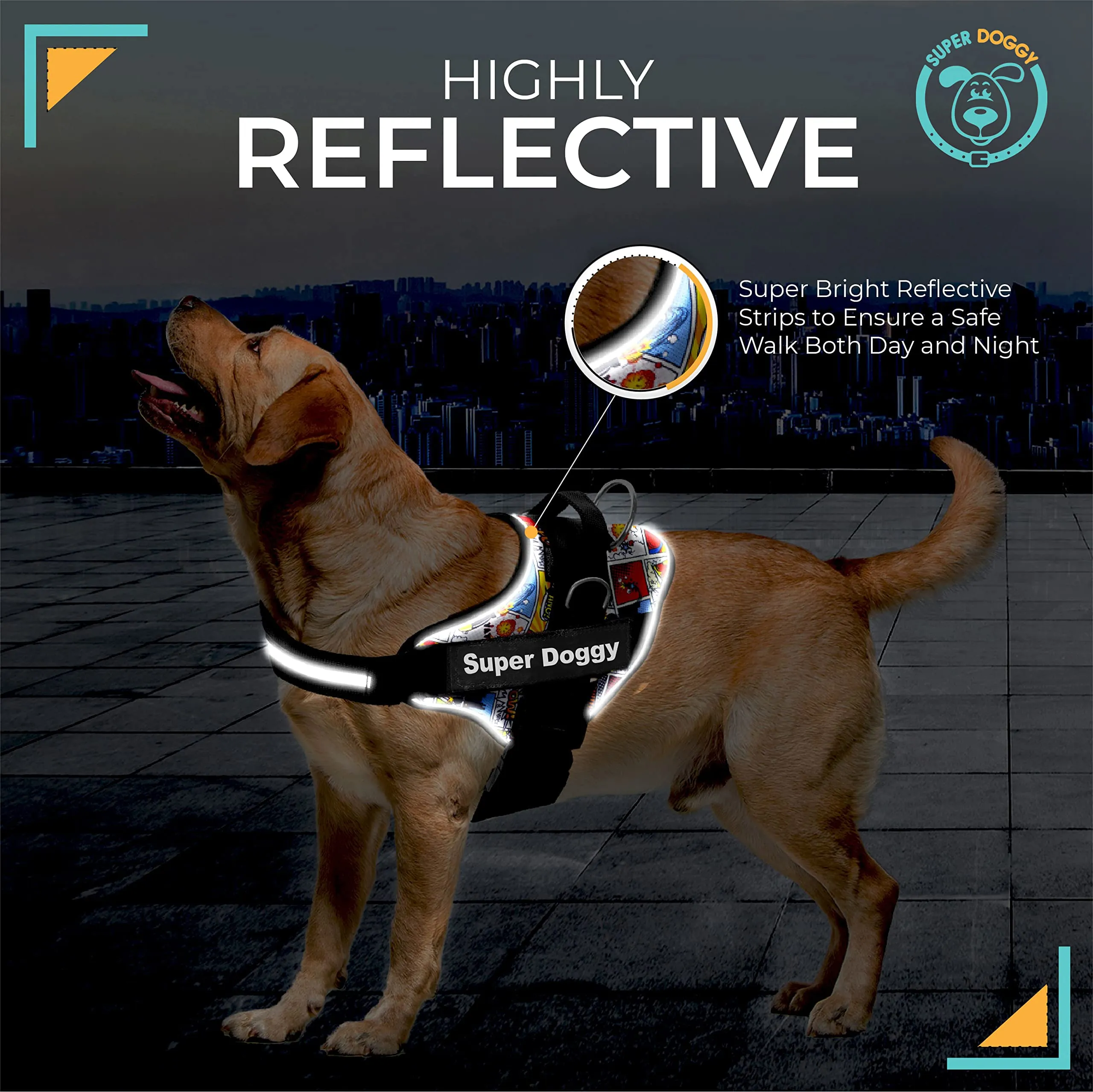 SUPER DOGGY Pettorina Cane Personalizzata con Nome – Antitrazione, Riflettente e Regolabile – Include 2 Targhette Velcro - Taglia Piccola, Media e Grande (L 21-32KG, Cómic) - immagine 4