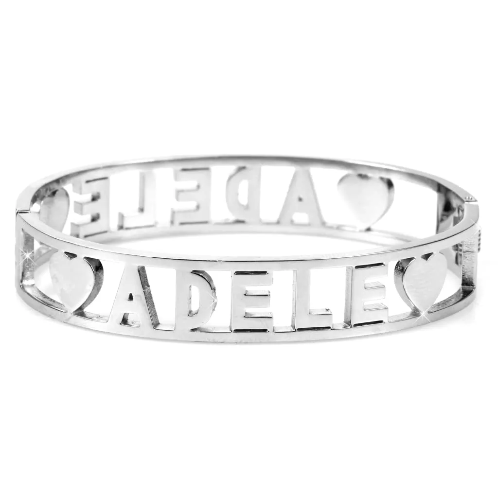 Flowers Bracciale Rigido Acciaio con Nome Vari e Zirconcini Sacchettino in tessuto Scritta nome ricoperta di strass Brillantissimi Bracciale a Manetta Donna Chiusura a molla Idea Regalo (Adele) - immagine 2