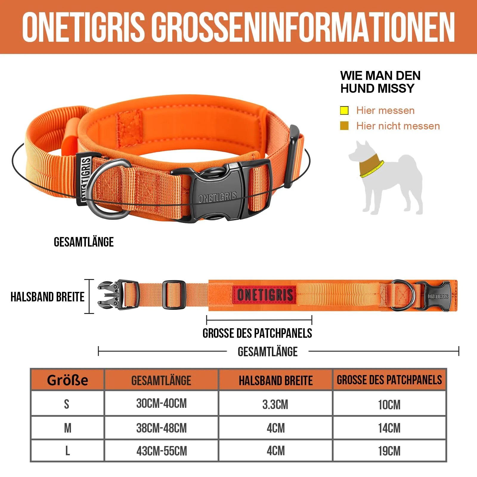 OneTigris Collare per cani con fibbia in metallo per cani (Arancione, L) - immagine 2
