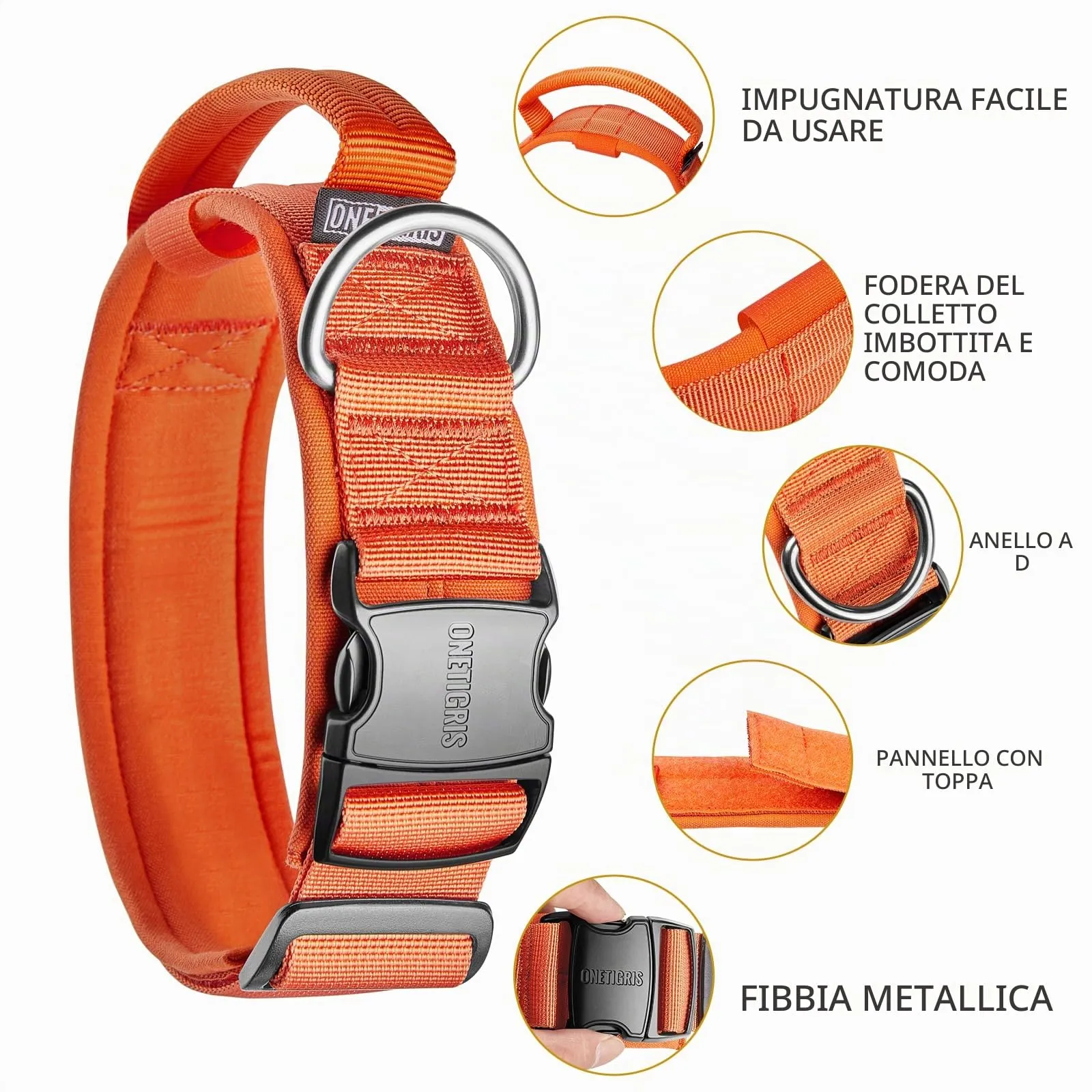 OneTigris Collare per cani con fibbia in metallo per cani (Arancione, M) - immagine 3
