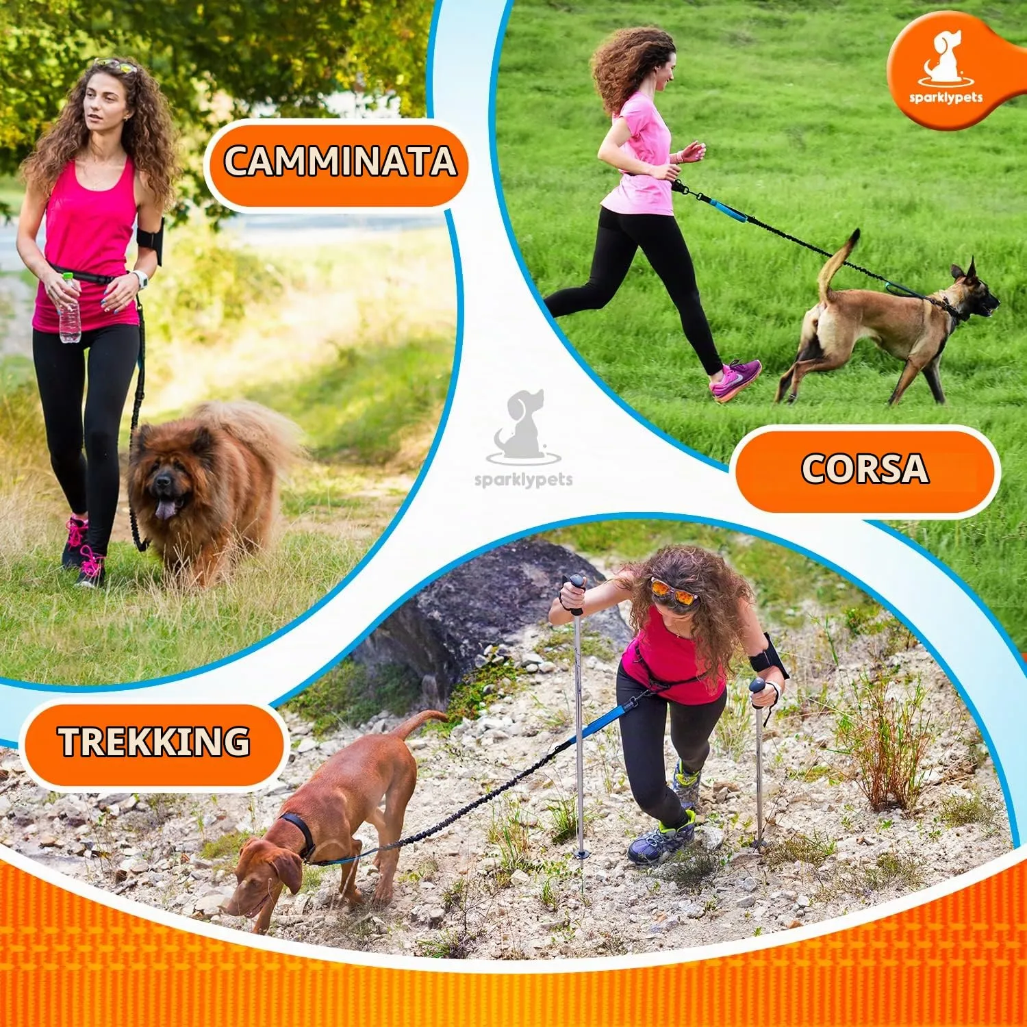 SparklyPets Laisse pour Chien avec Ceinture Ventrale – Laisse Main Libre pour Chien Moyen ou Grand – Longe pour Chien avec Support Téléphone et Bouteille, Sac à Excréments, Poche à Friandises - immagine 2