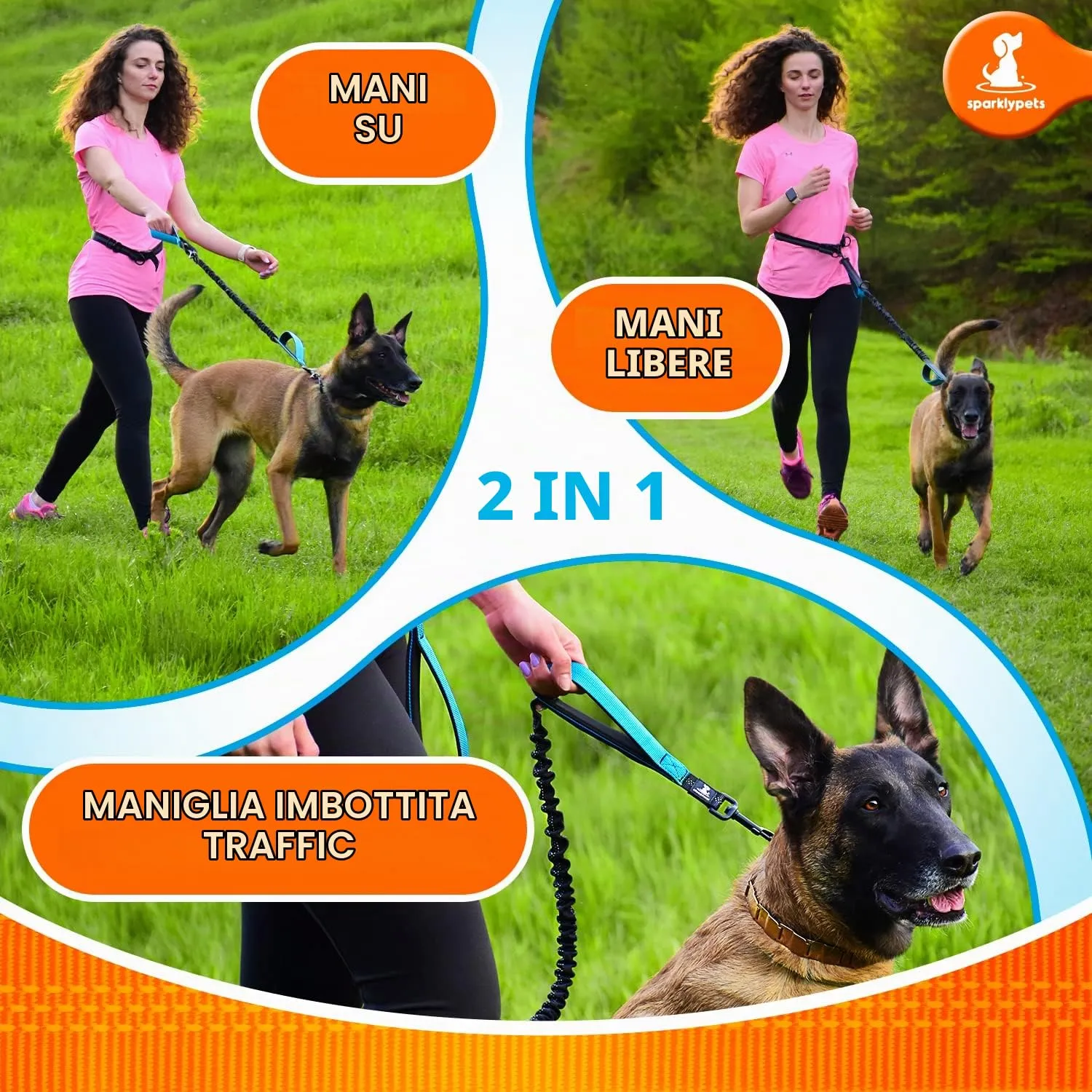 SparklyPets Laisse pour Chien avec Ceinture Ventrale – Laisse Main Libre pour Chien Moyen ou Grand – Longe pour Chien avec Support Téléphone et Bouteille, Sac à Excréments, Poche à Friandises - immagine 5