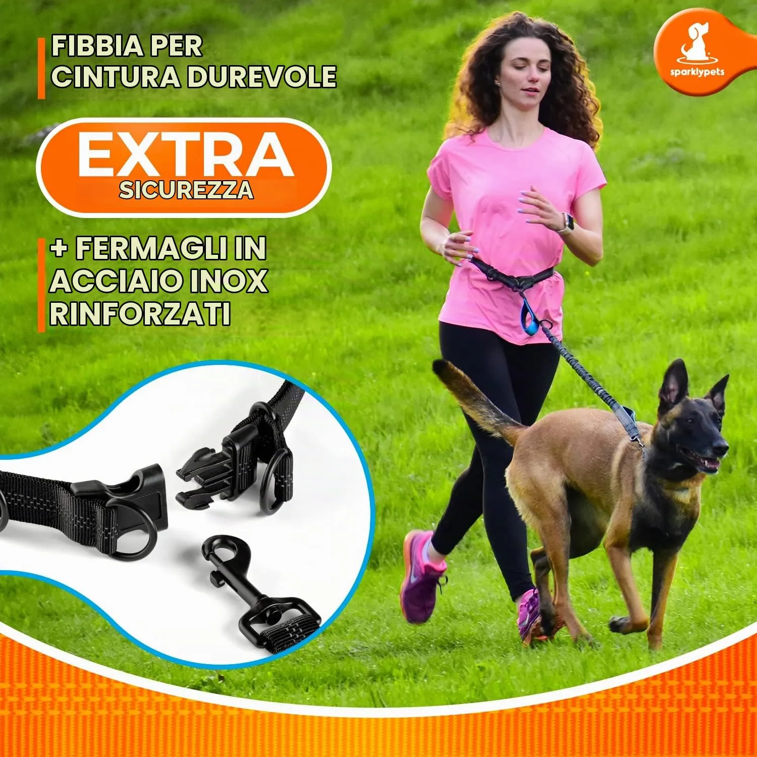 SparklyPets Laisse pour Chien avec Ceinture Ventrale – Laisse Main Libre pour Chien Moyen ou Grand – Longe pour Chien avec Support Téléphone et Bouteille, Sac à Excréments, Poche à Friandises - immagine 6