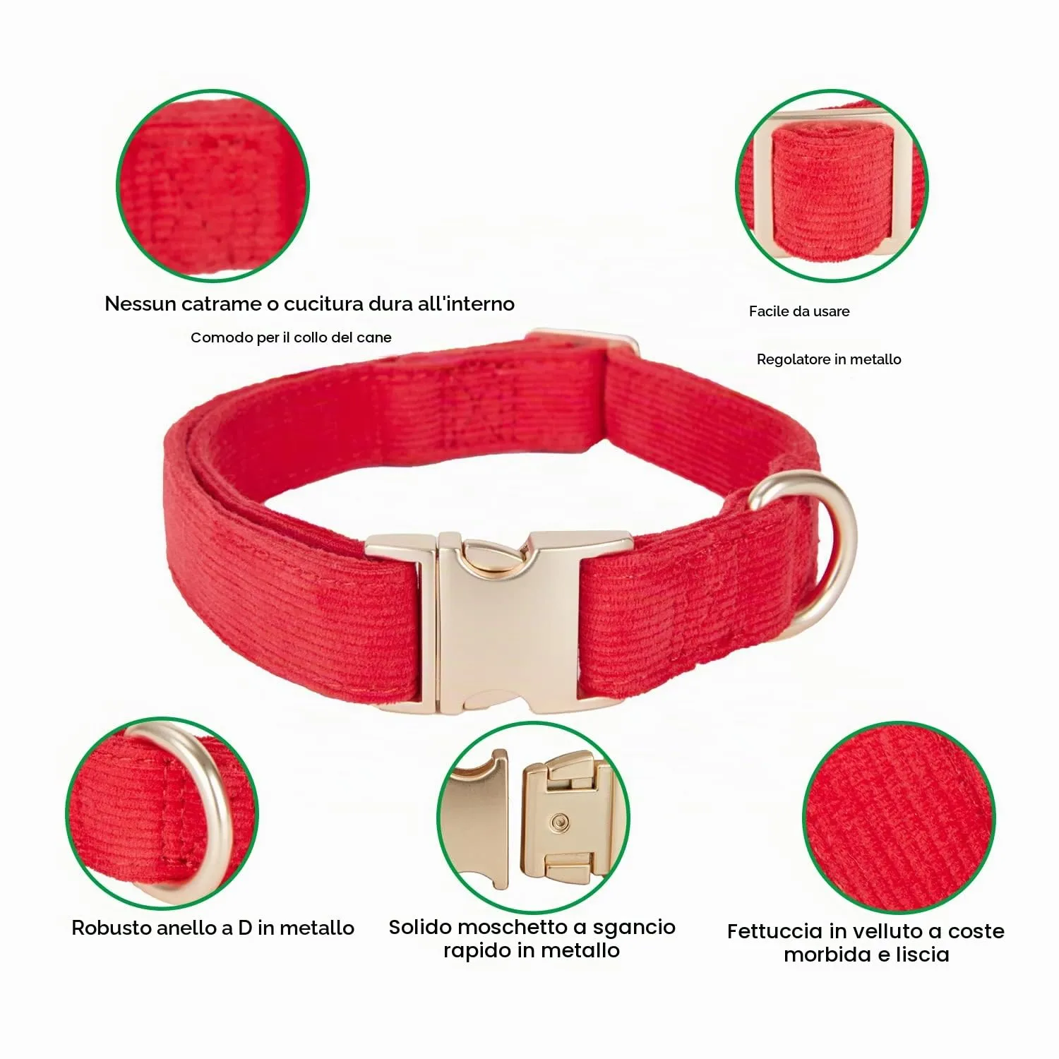 YUDOTE Collare per cani ultra morbido in velluto a coste di cotone naturale realizzato per cani di piccola taglia con pelle sensibile, rosso - immagine 2