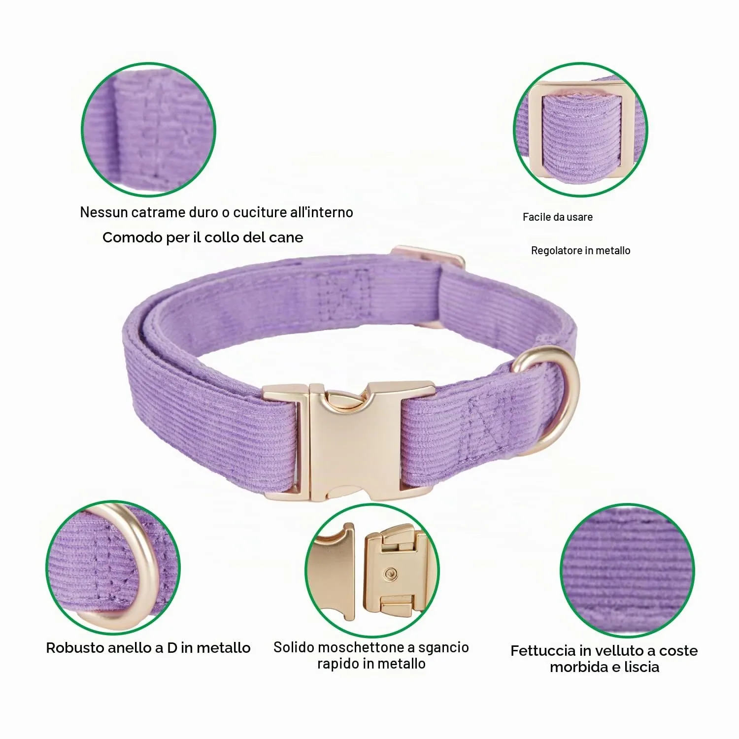 YUDOTE Collare per cani ultra morbido in velluto a coste di cotone naturale realizzato per cani di piccola taglia con pelle sensibile, lilla - immagine 3