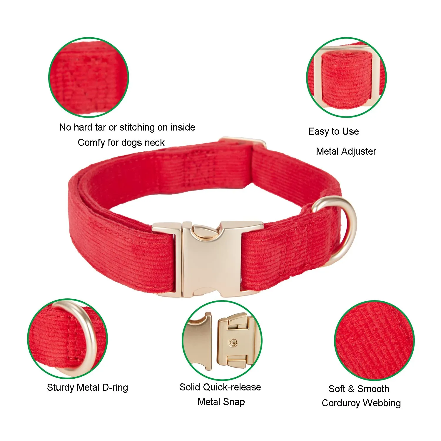 YUDOTE Collare per cani ultra morbido in velluto a coste di cotone naturale realizzato per cani di taglia media con pelle sensibile, rosso - immagine 3