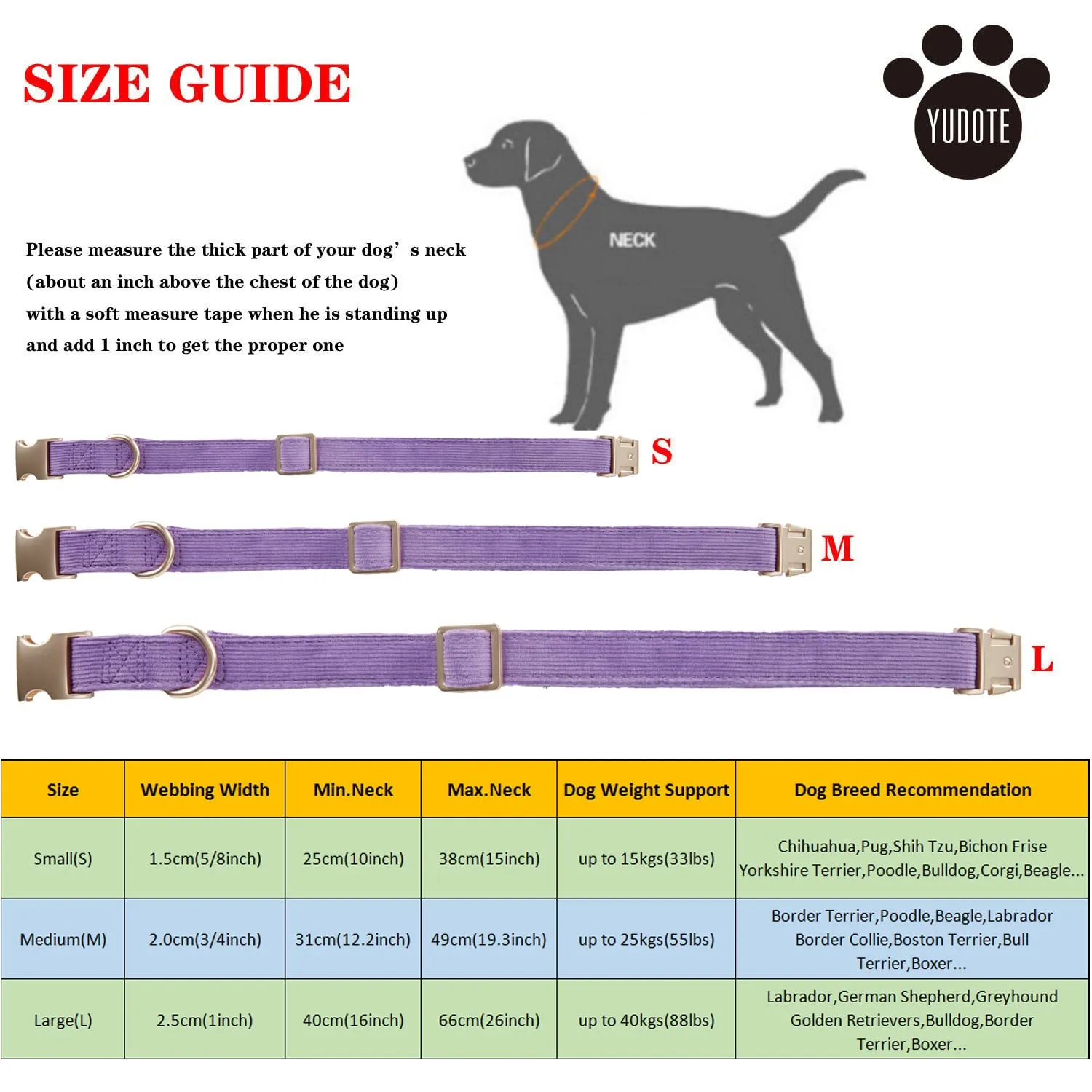 YUDOTE Collare per cani ultra morbido in velluto a coste di cotone naturale realizzato per cani di taglia media con pelle sensibile, lilla - immagine 2