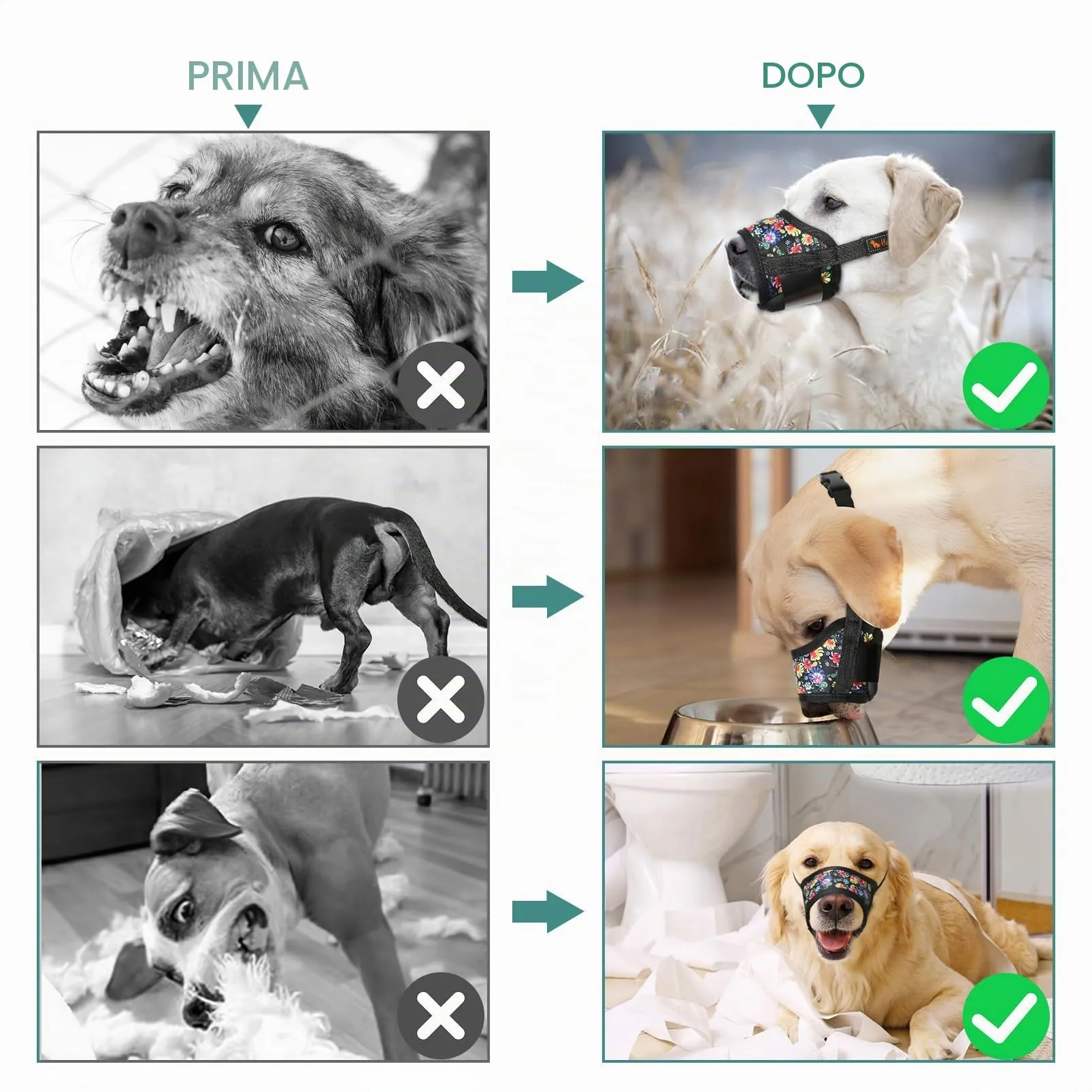 HEELE Museruola per Cane, Museruola Cane Piccola Taglia, in Morbido Nylon con Motivo Stampato, Antiabbaio e Antimorso, Regolabile, Fiori-Nero, S - immagine 5