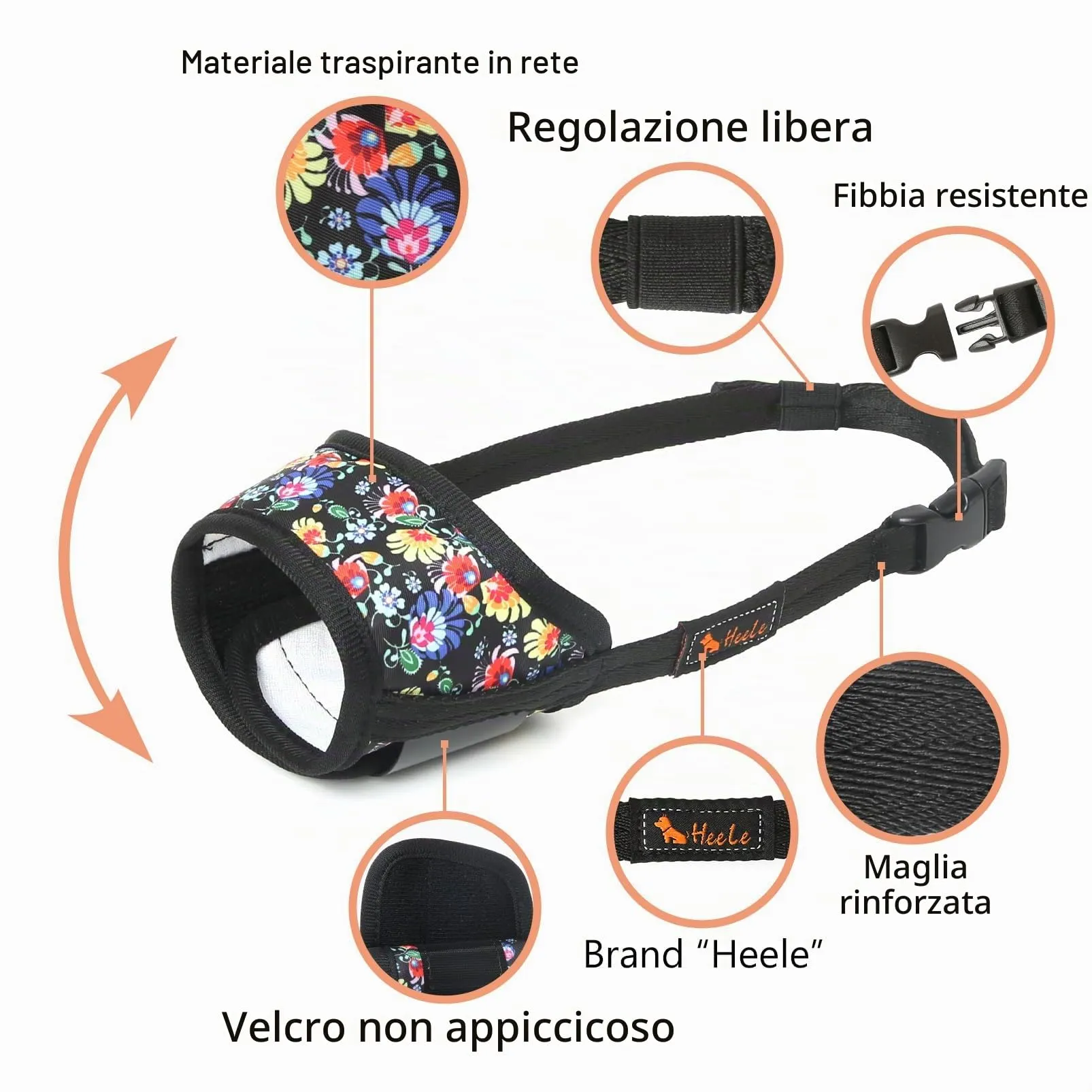 HEELE Museruola Cane Piccola Taglia con Motivo, Antimorso, Fiore Nero, XS - immagine 2