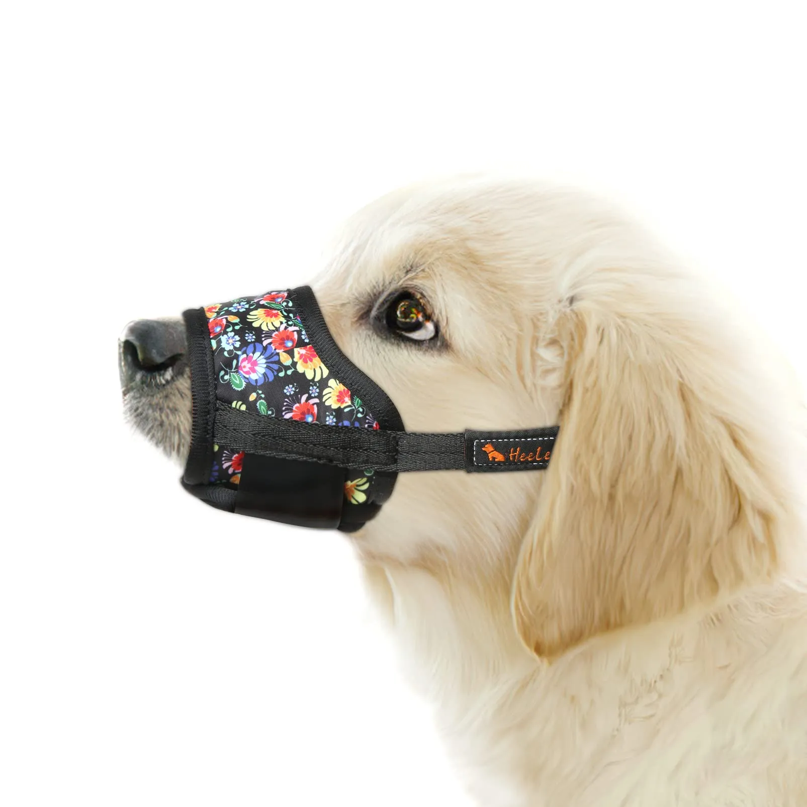 HEELE Museruola per Cane, Museruola Cane Taglia Media e Grande, in Morbido Nylon con Motivo Stampato, Antiabbaio e Antimorso, Regolabile, Fiori-Nero, L - immagine 1