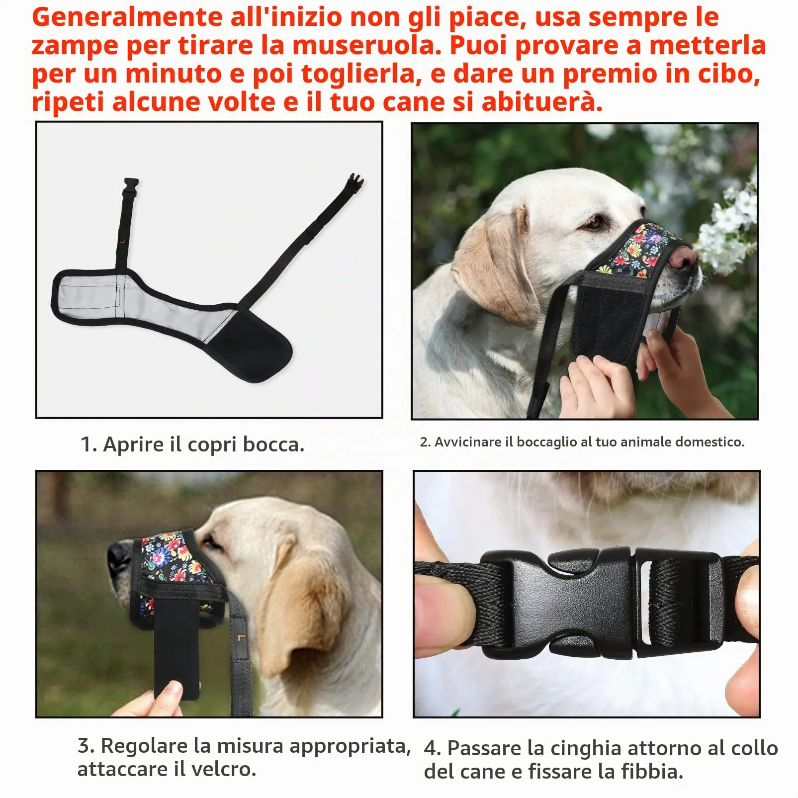 HEELE Museruola per Cane, Museruola Cane Taglia Media e Grande, in Morbido Nylon con Motivo Stampato, Antiabbaio e Antimorso, Regolabile, Fiori-Nero, L - immagine 7